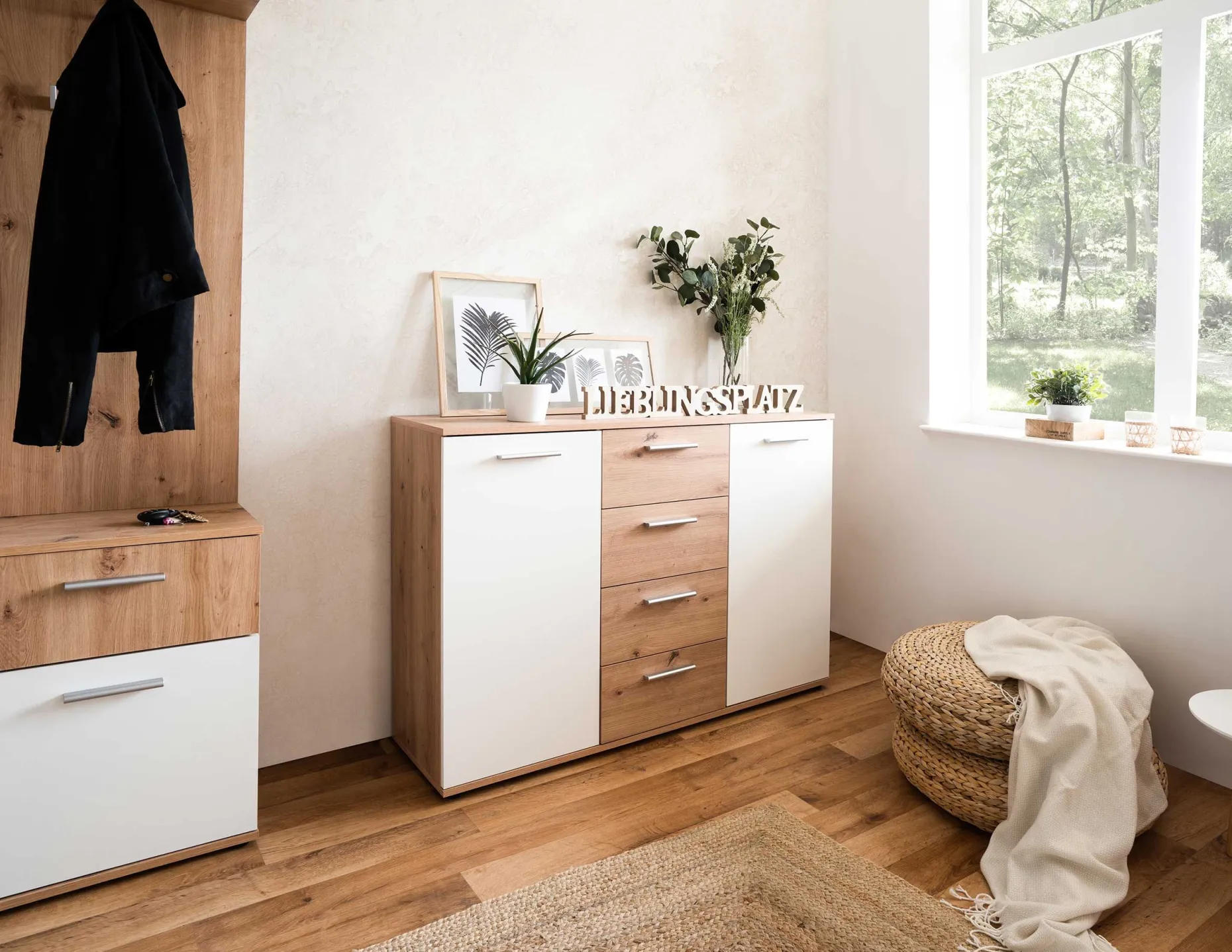 Kommode Jakob 120cm 2 Türen und 4 Schubladen - Artisan Eiche/Weiß