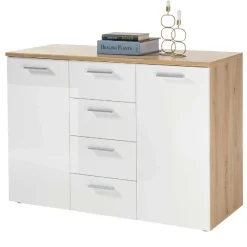 Kommode Lobi 2 Türen 4 Schubladen - weiß glänzend/Holz