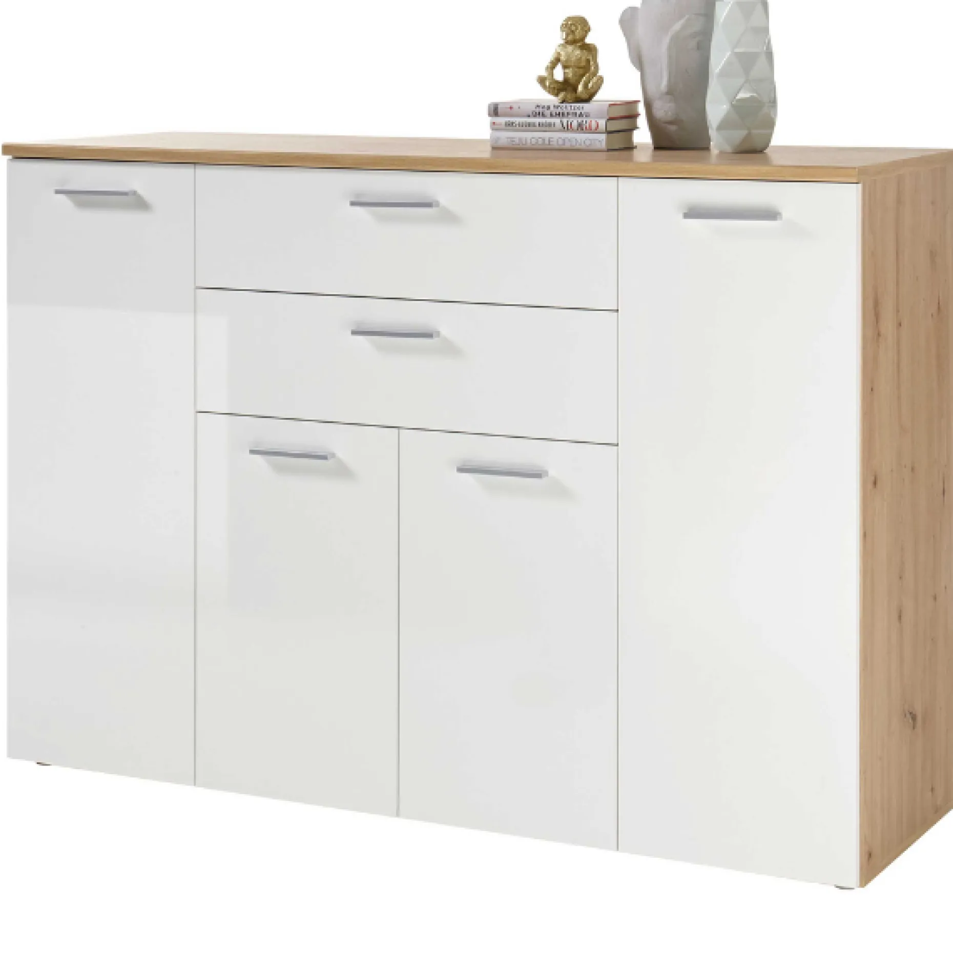 Kommode Lobi 4 Türen 2 Schubladen - weiß glänzend/Holz
