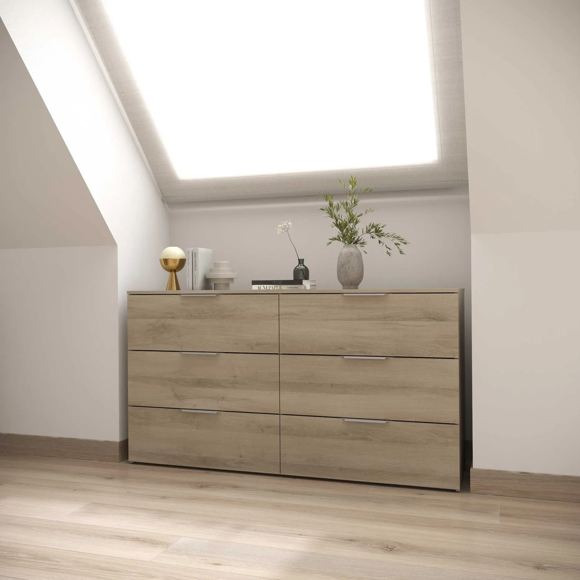 Kommode Spectre - 151x41x81cm - 6 Schubladen - Eiche Dekor