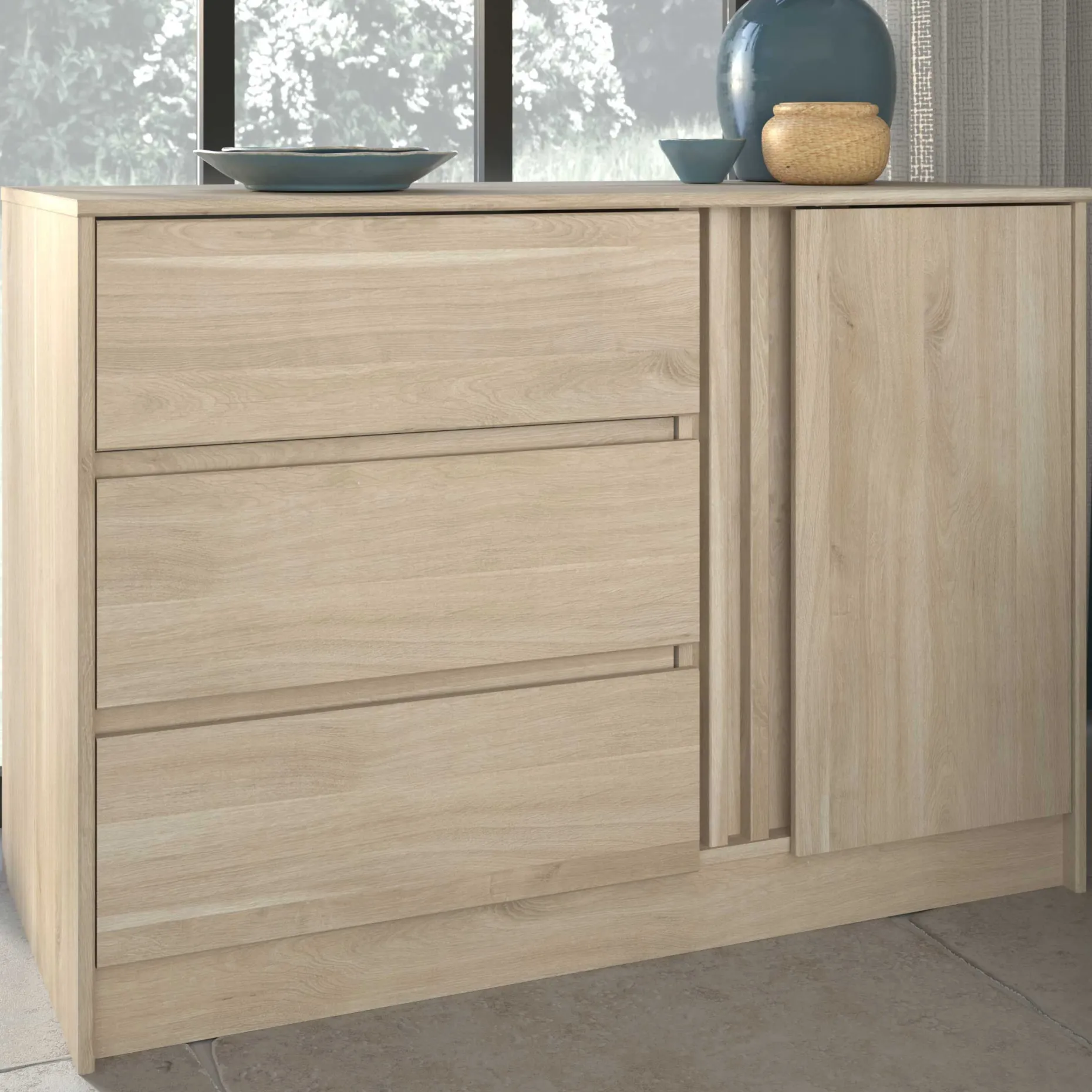 Kommode Tokio 77 cm-3 Schubladen, 1 Drehtür Eiche Dekor