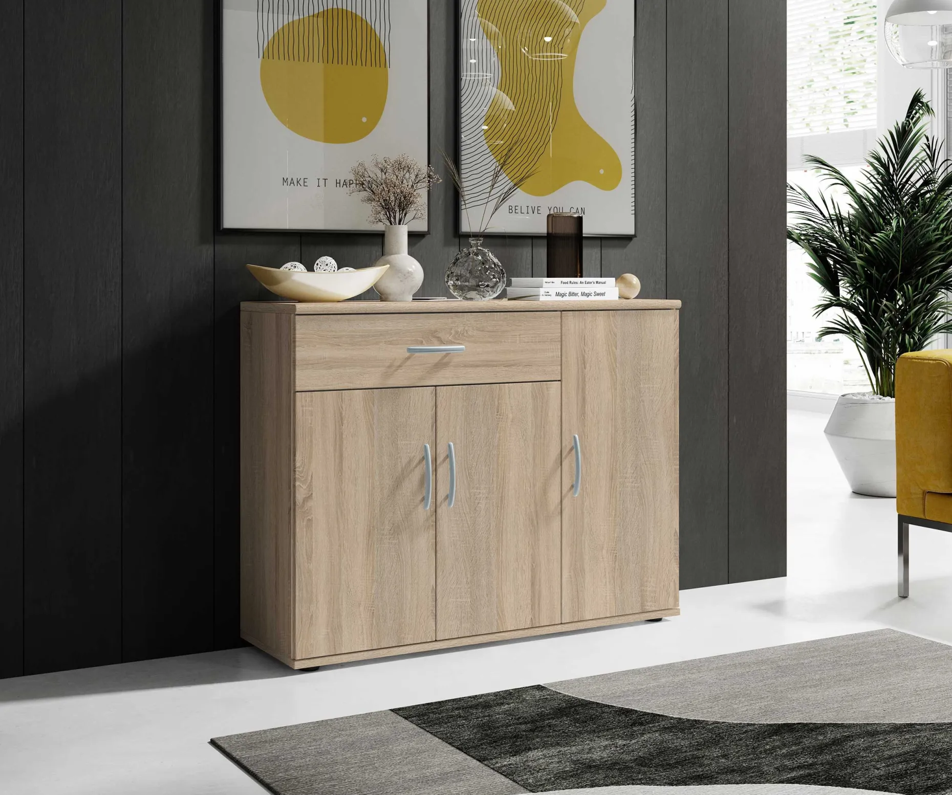 Kommode Viviane 90cm mit 3 Türen und 1 Schublade - Eiche