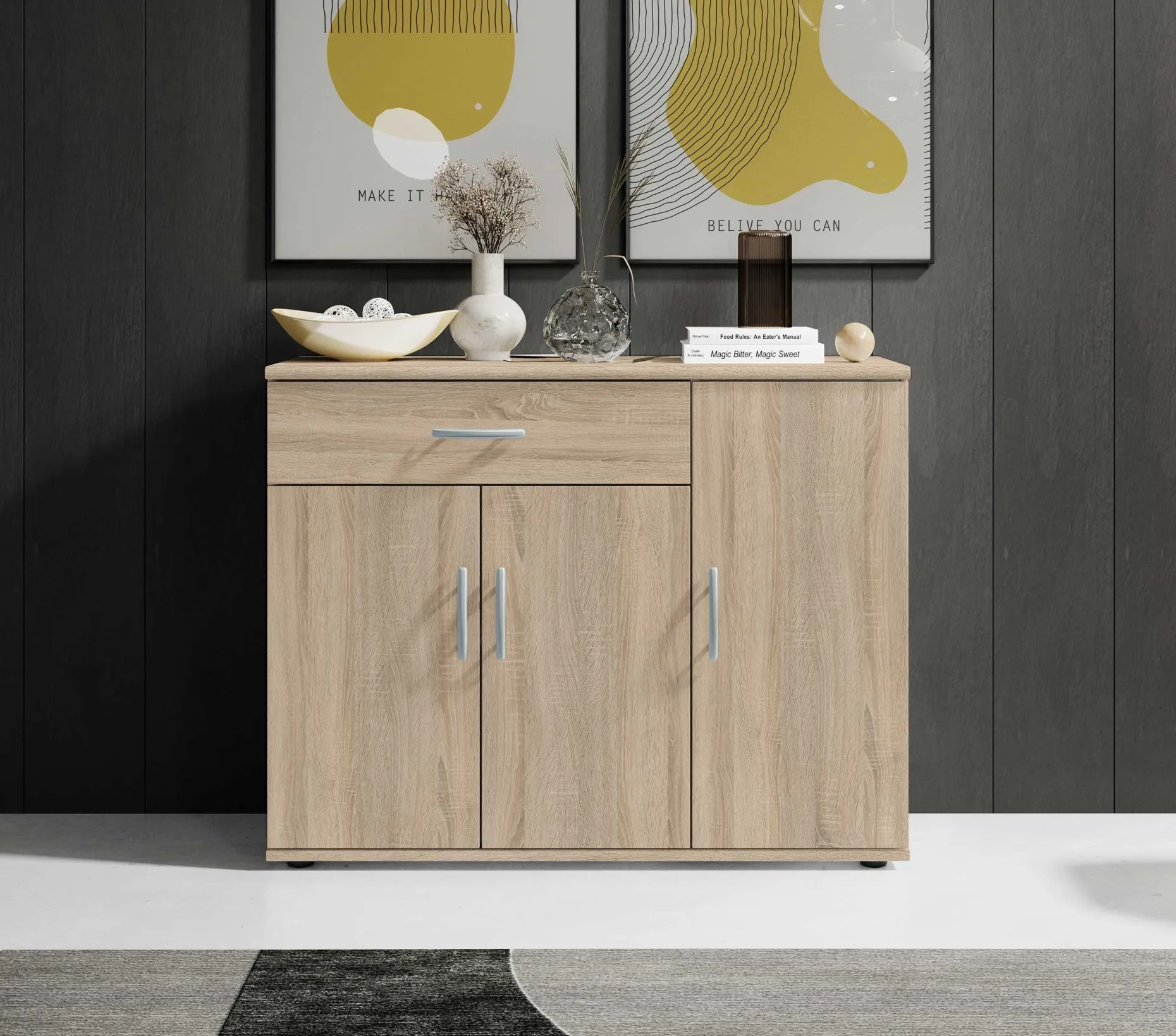 Kommode Viviane 90cm mit 3 Türen und 1 Schublade - Eiche