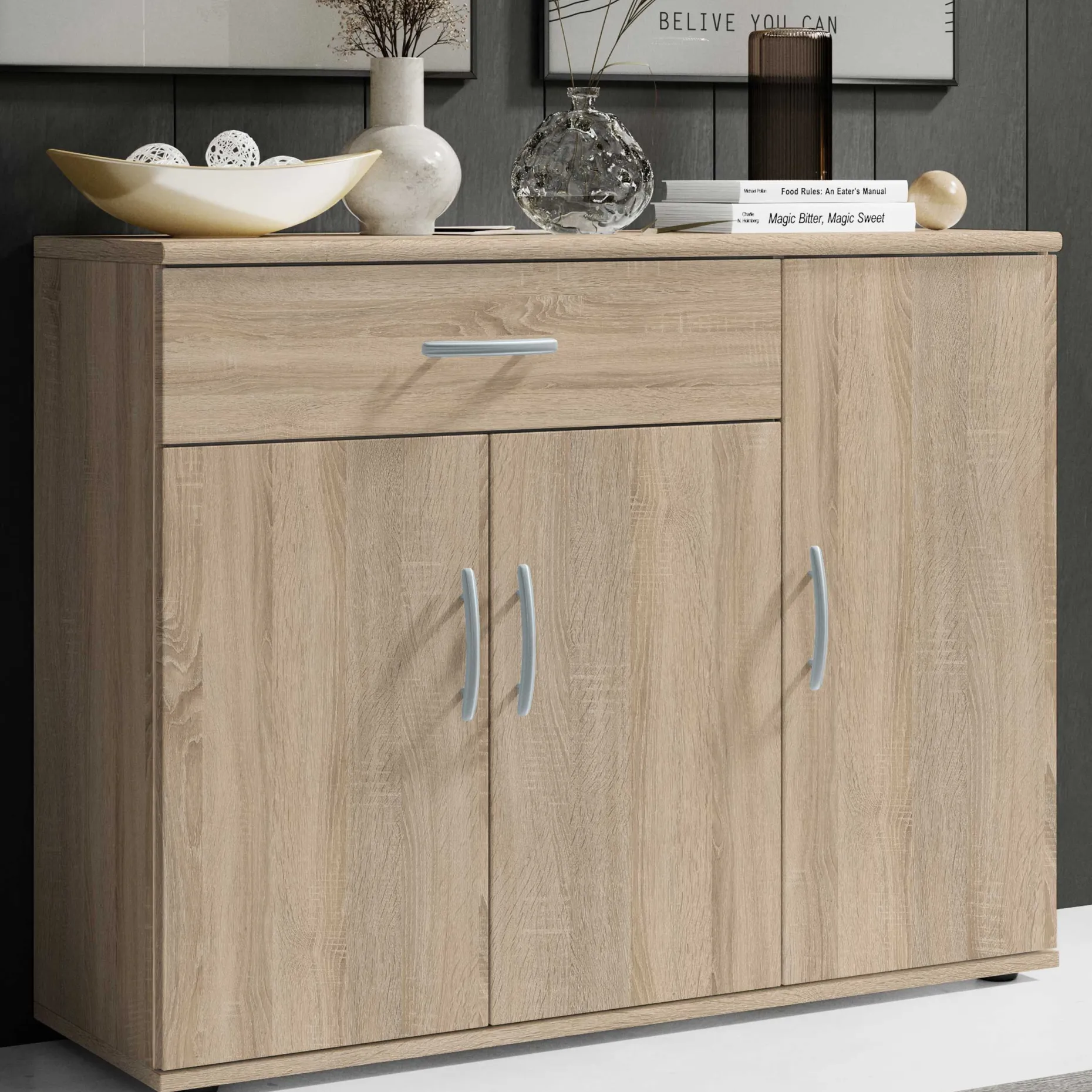 Kommode Viviane 90cm mit 3 Türen und 1 Schublade - Eiche