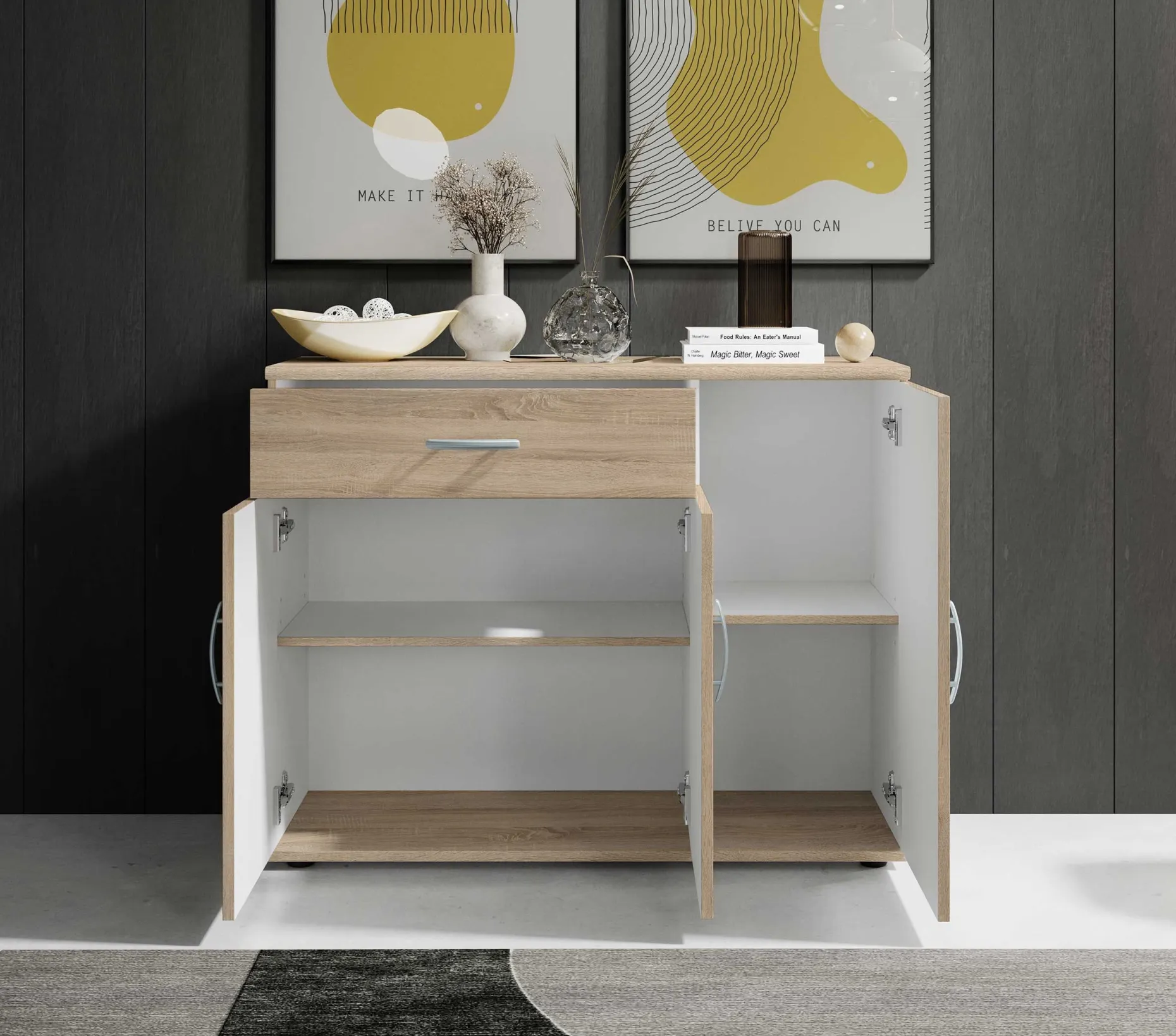 Kommode Viviane 90cm mit 3 Türen und 1 Schublade - Eiche