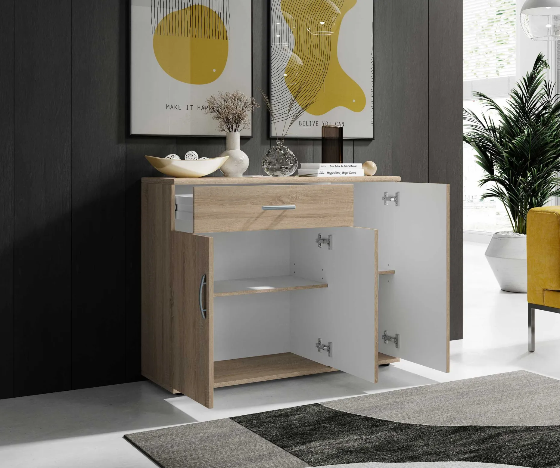 Kommode Viviane 90cm mit 3 Türen und 1 Schublade - Eiche