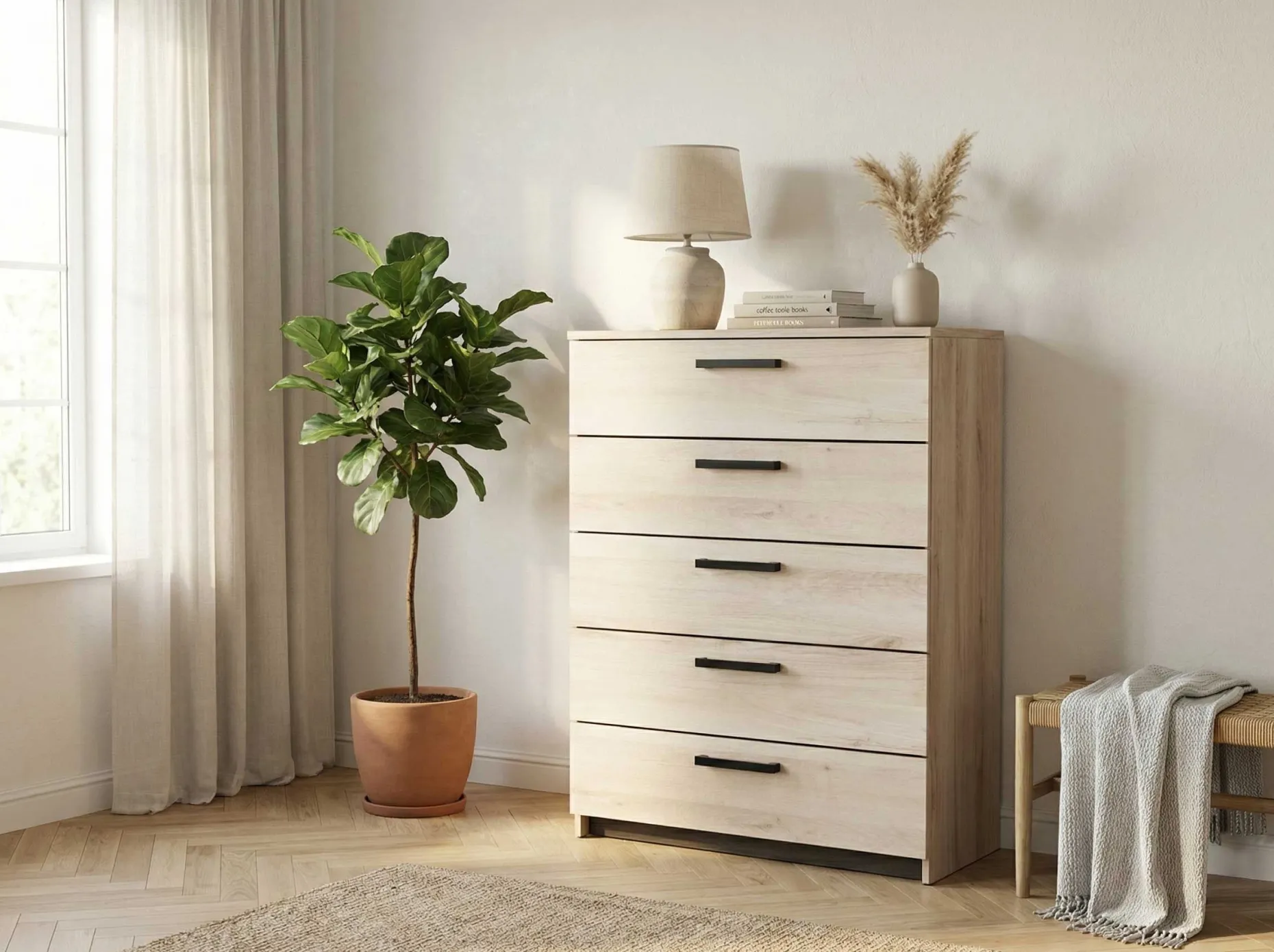 Kommode Watson - 80x41x102cm - 5 Schubladen - Eiche Dekor