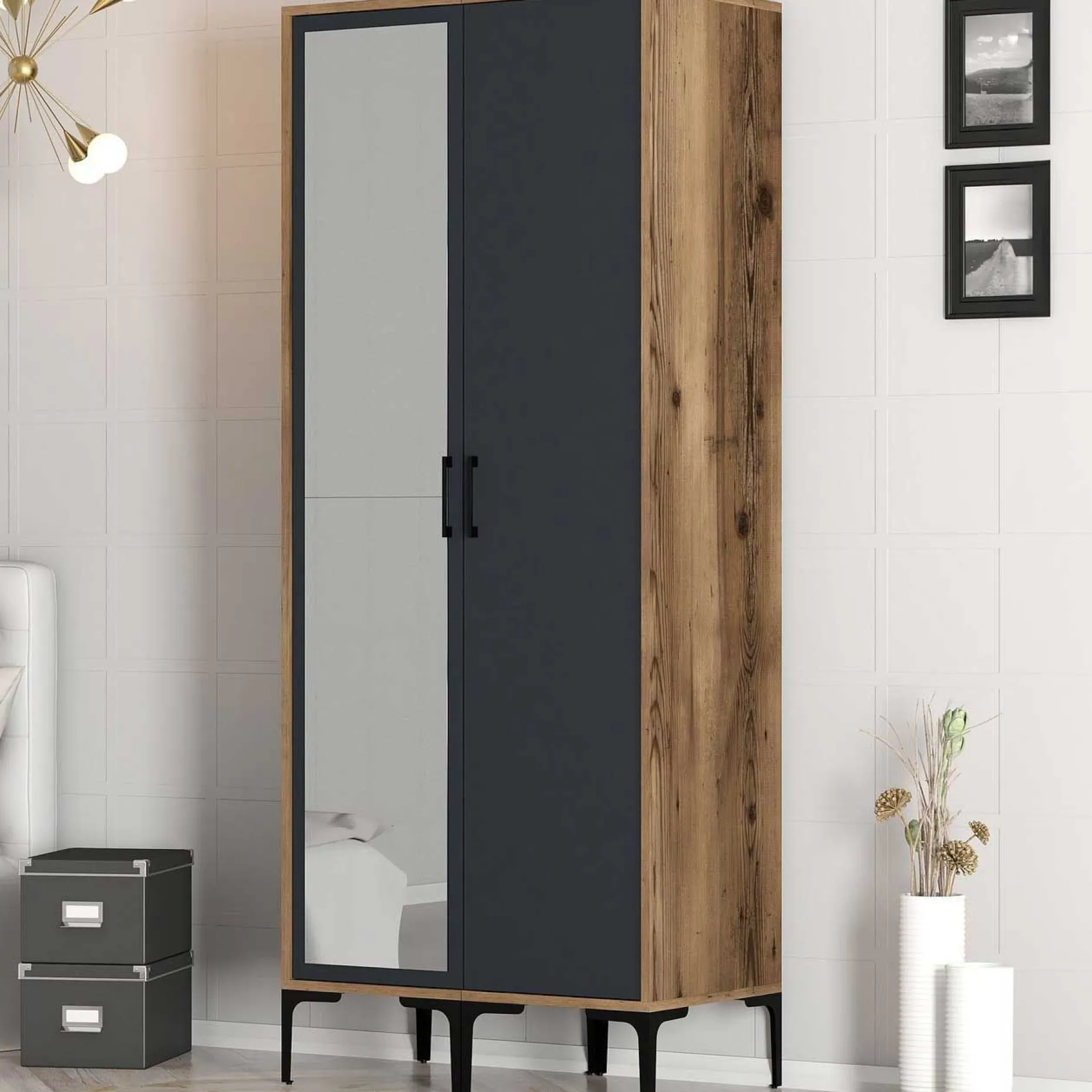 Kumsal Kleiderschrank | 100% MELAMIN | Walnuss, Anthrazit