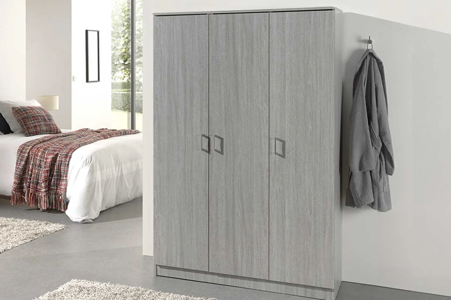 Lagerschrank Ray 120cm mit 3 Türen und 4 Einlegeböden - Eiche grau