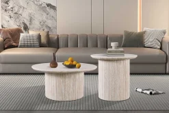 Rousseau Lagos" 80 cm Runder Couchtisch Travertin | Struktur MDF matt, Platte MDF 25 mm mit 3D-Papier | 38 x 80 x 80 cm