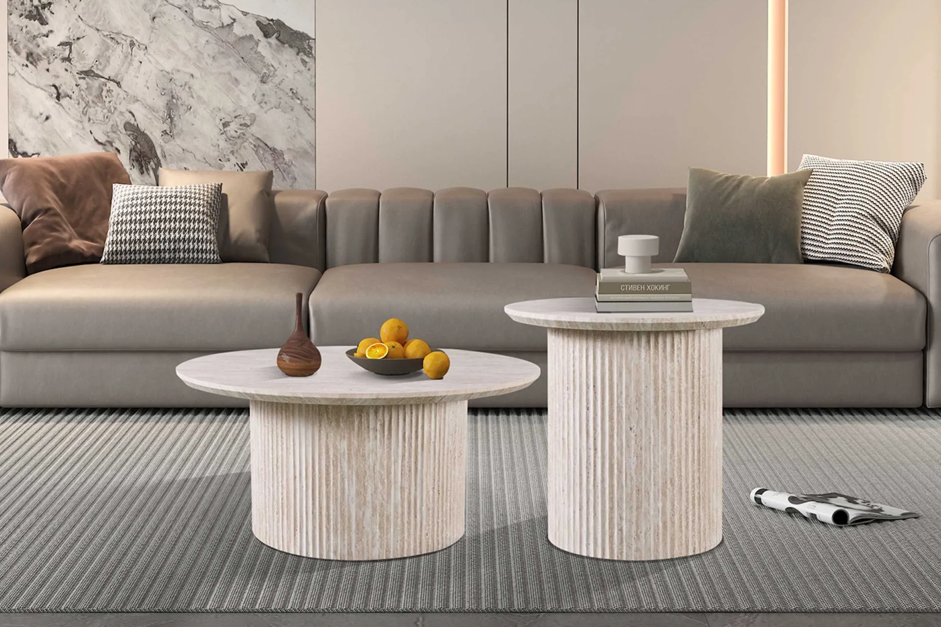 Rousseau Lagos" 80 cm Runder Couchtisch Travertin | Struktur MDF matt, Platte MDF 25 mm mit 3D-Papier | 38 x 80 x 80 cm