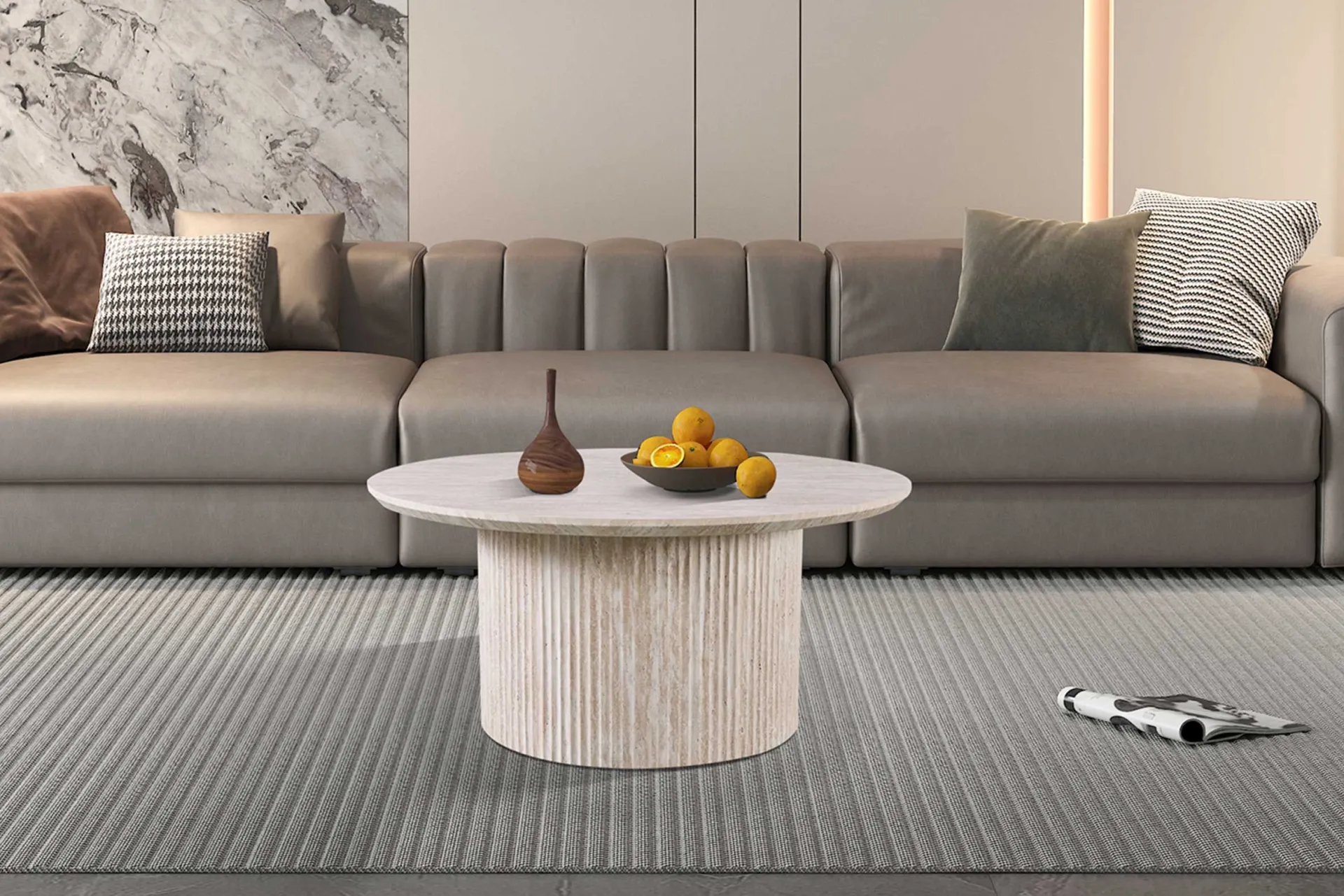 Rousseau Lagos" 80 cm Runder Couchtisch Travertin | Struktur MDF matt, Platte MDF 25 mm mit 3D-Papier | 38 x 80 x 80 cm