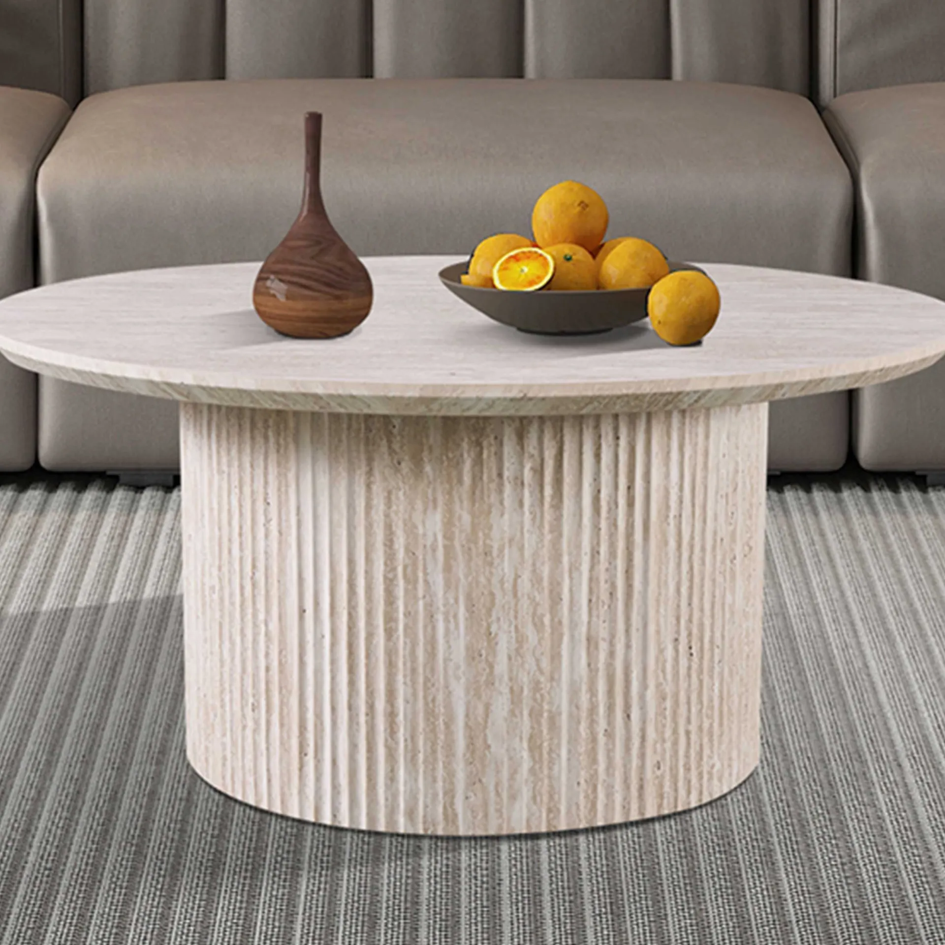 Rousseau Lagos" 80 cm Runder Couchtisch Travertin | Struktur MDF matt, Platte MDF 25 mm mit 3D-Papier | 38 x 80 x 80 cm