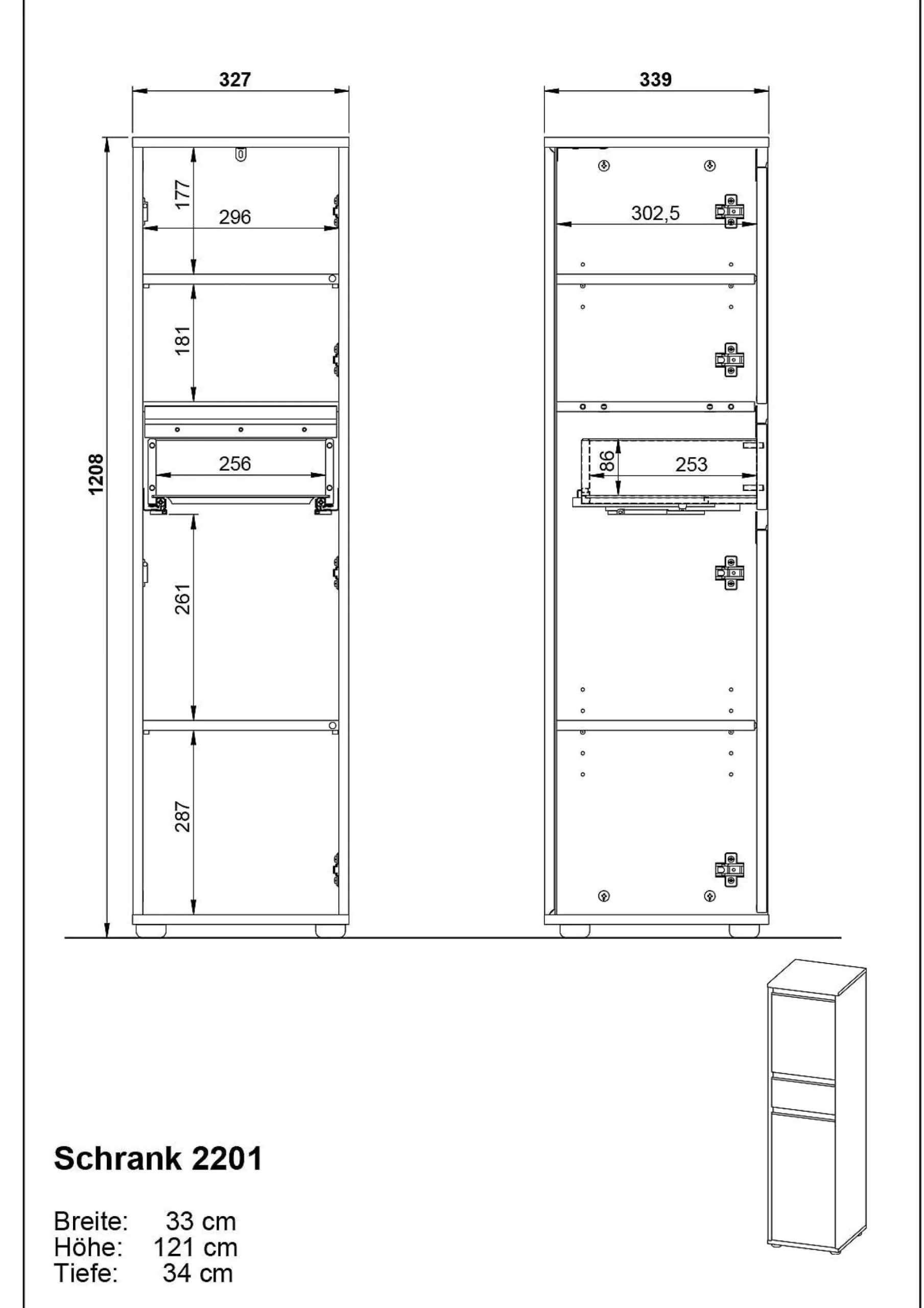 Lamon Badezimmerschrank - 2 Türen und 1 Schublade - grau