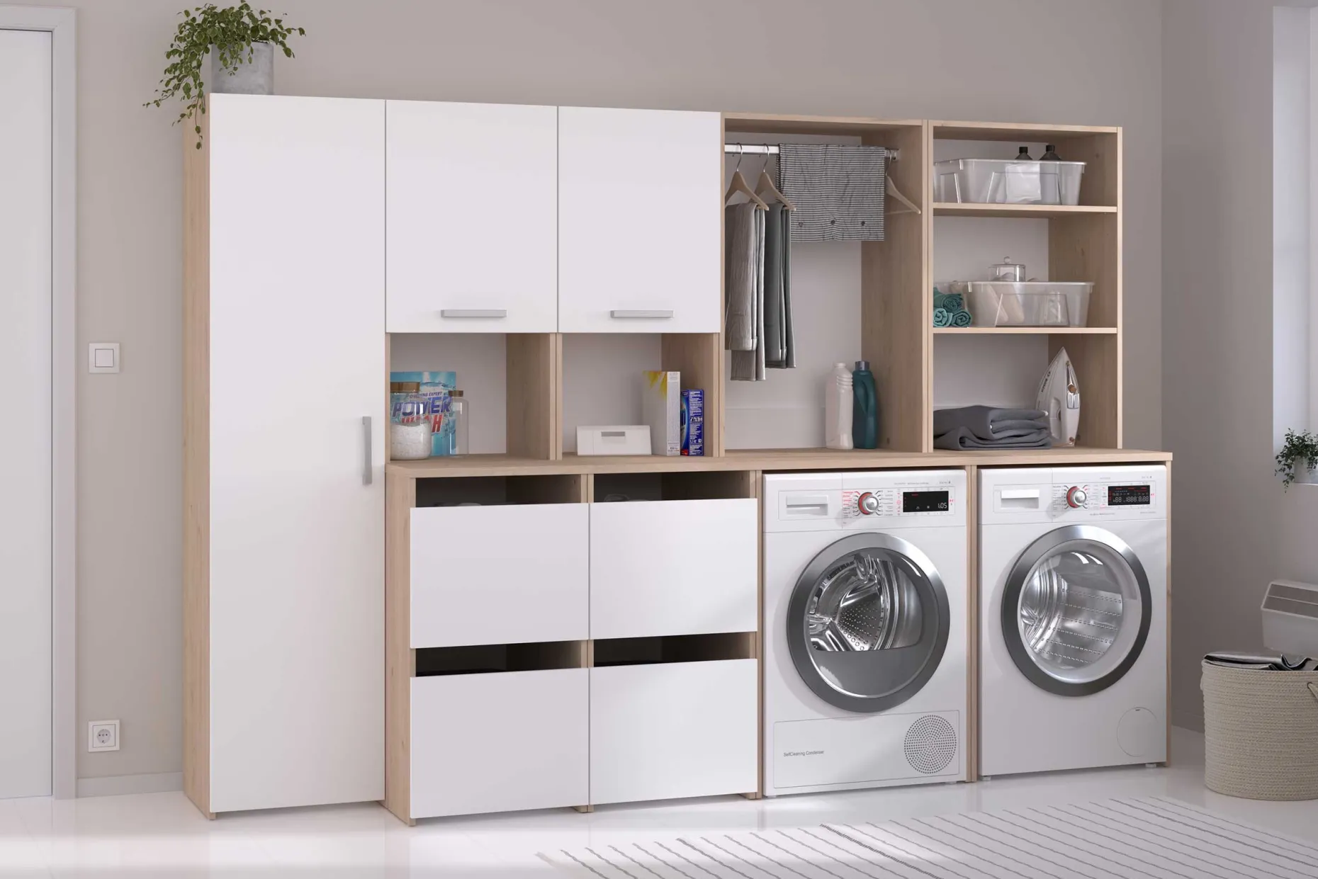 Laundry Aufbewahrungsschrank - 92x66x184cm - 4 Türen - Eiche Dekor/Weiß