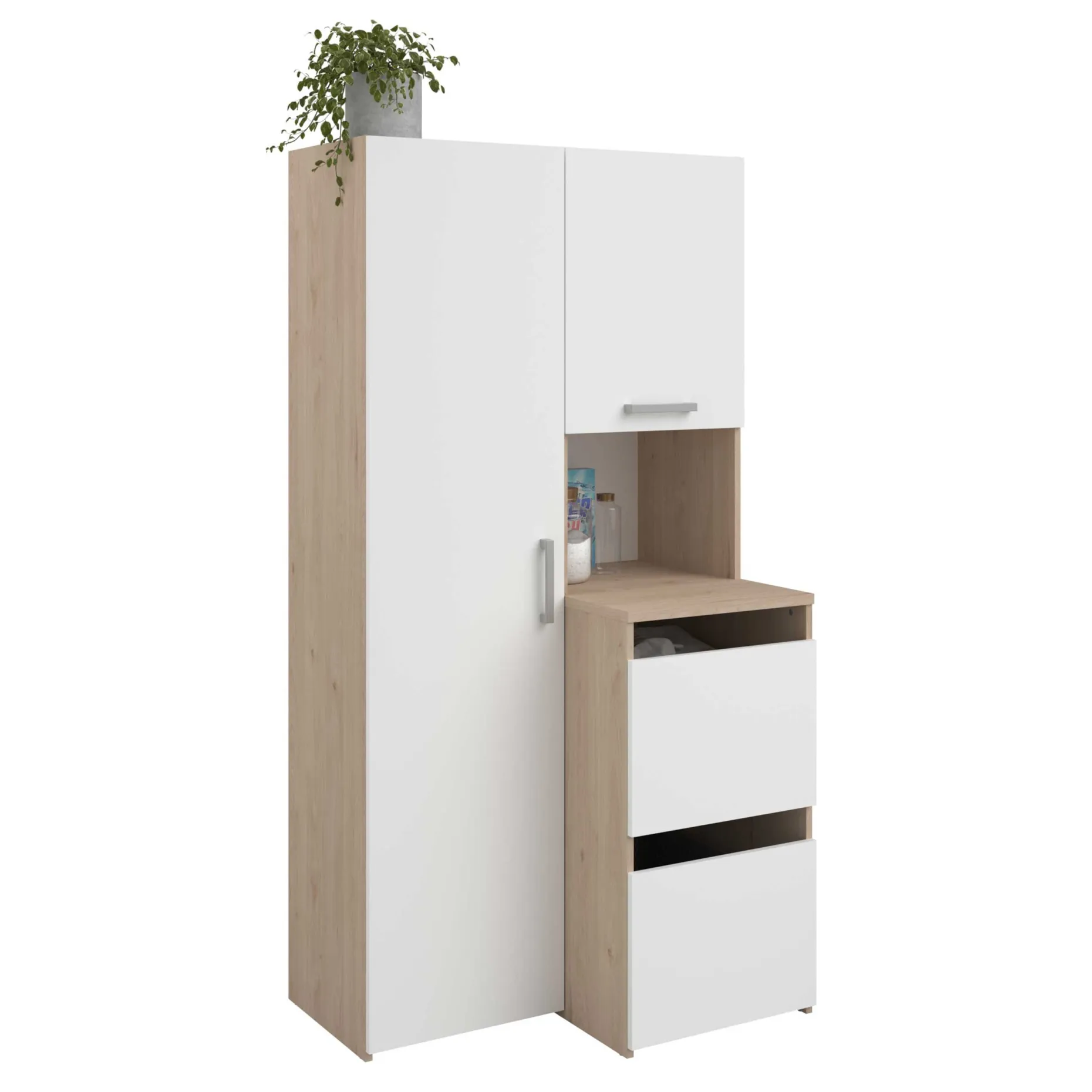 Laundry Aufbewahrungsschrank - 92x66x184cm - 4 Türen - Eiche Dekor/Weiß
