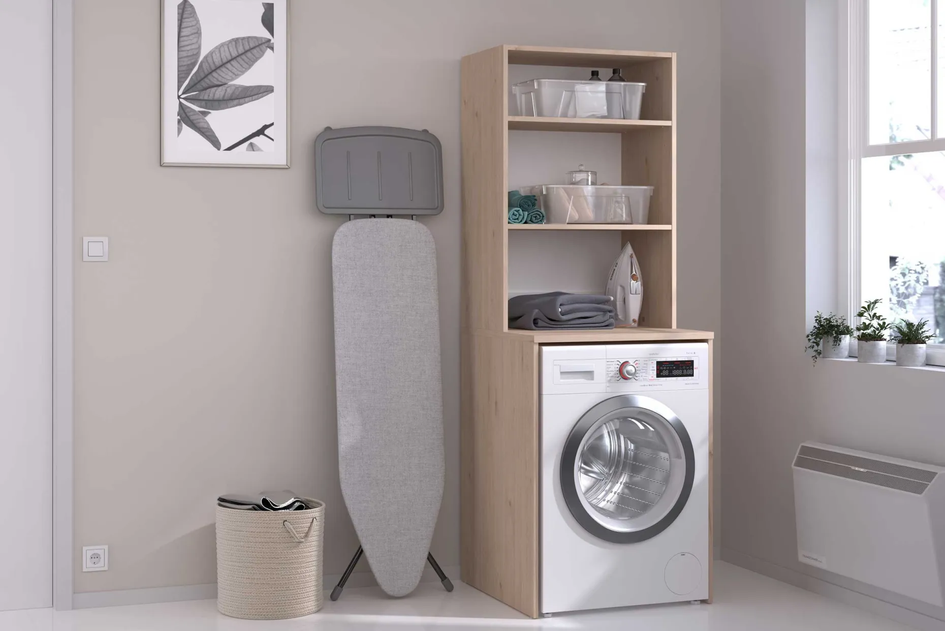 Laundry Waschmaschinenschrank - 65x60x184cm - mit 2 Einlegeböden - Eiche Dekor
