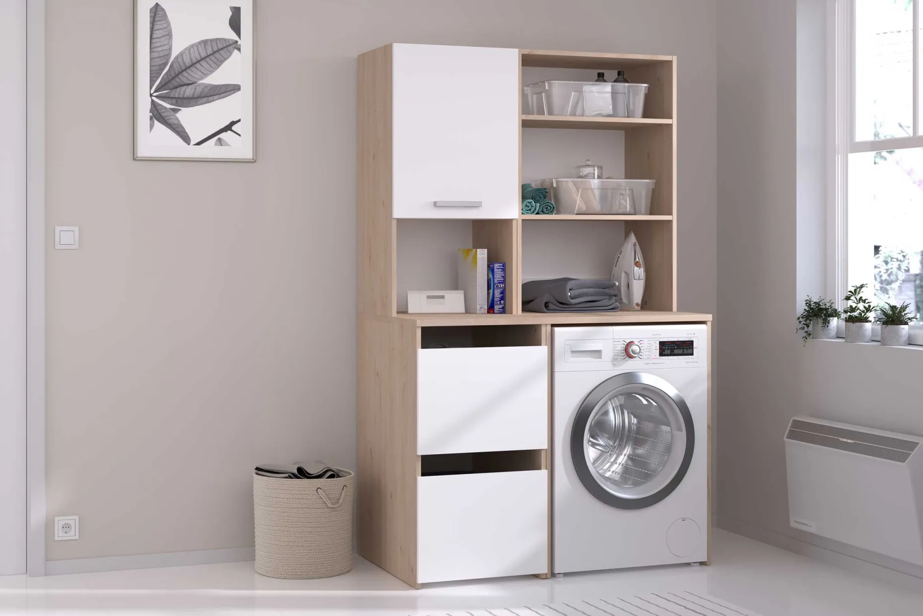 Laundry Waschmaschinenschrank - 65x60x184cm - mit 2 Einlegeböden - Eiche Dekor