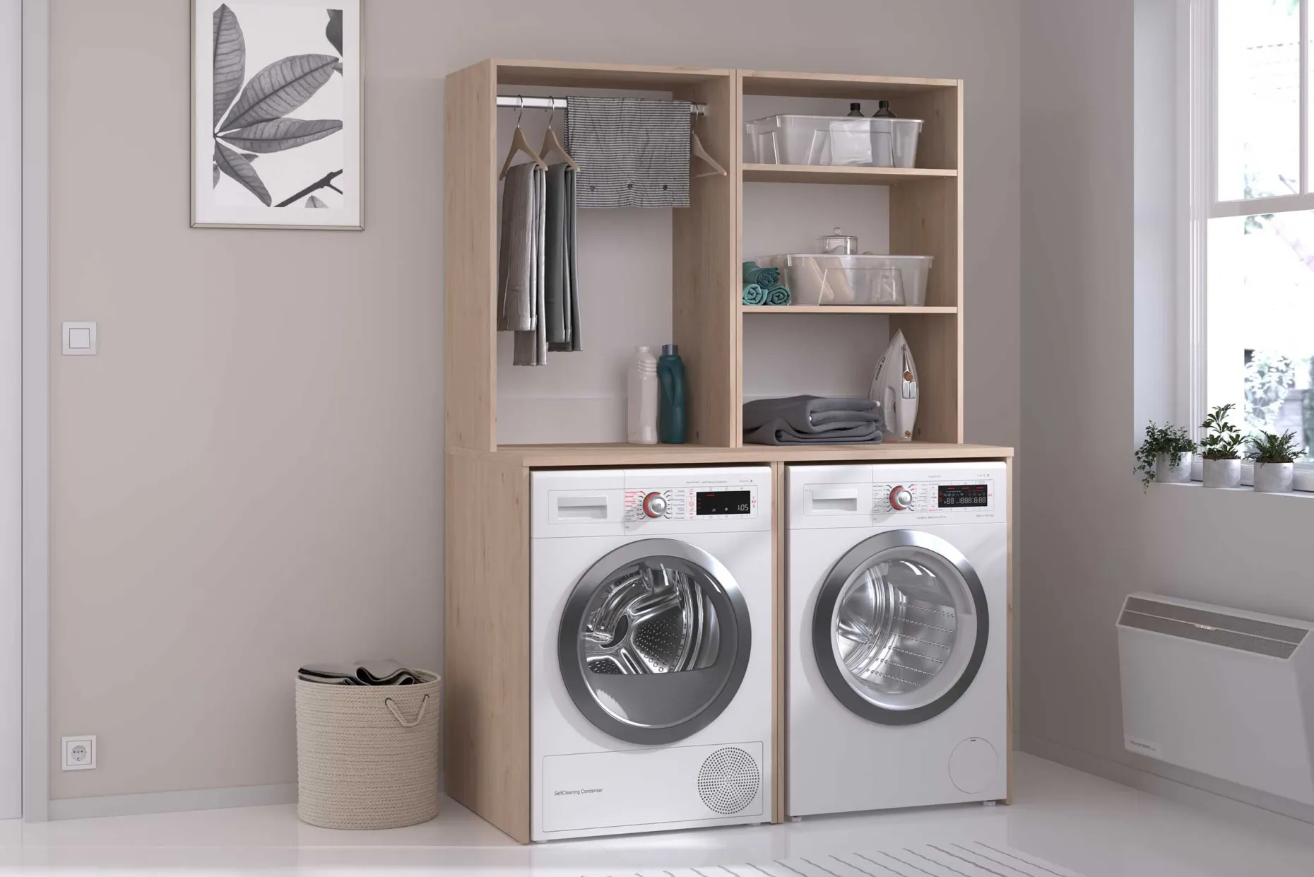 Laundry Waschmaschinenschrank - 65x60x184cm - mit 2 Einlegeböden - Eiche Dekor
