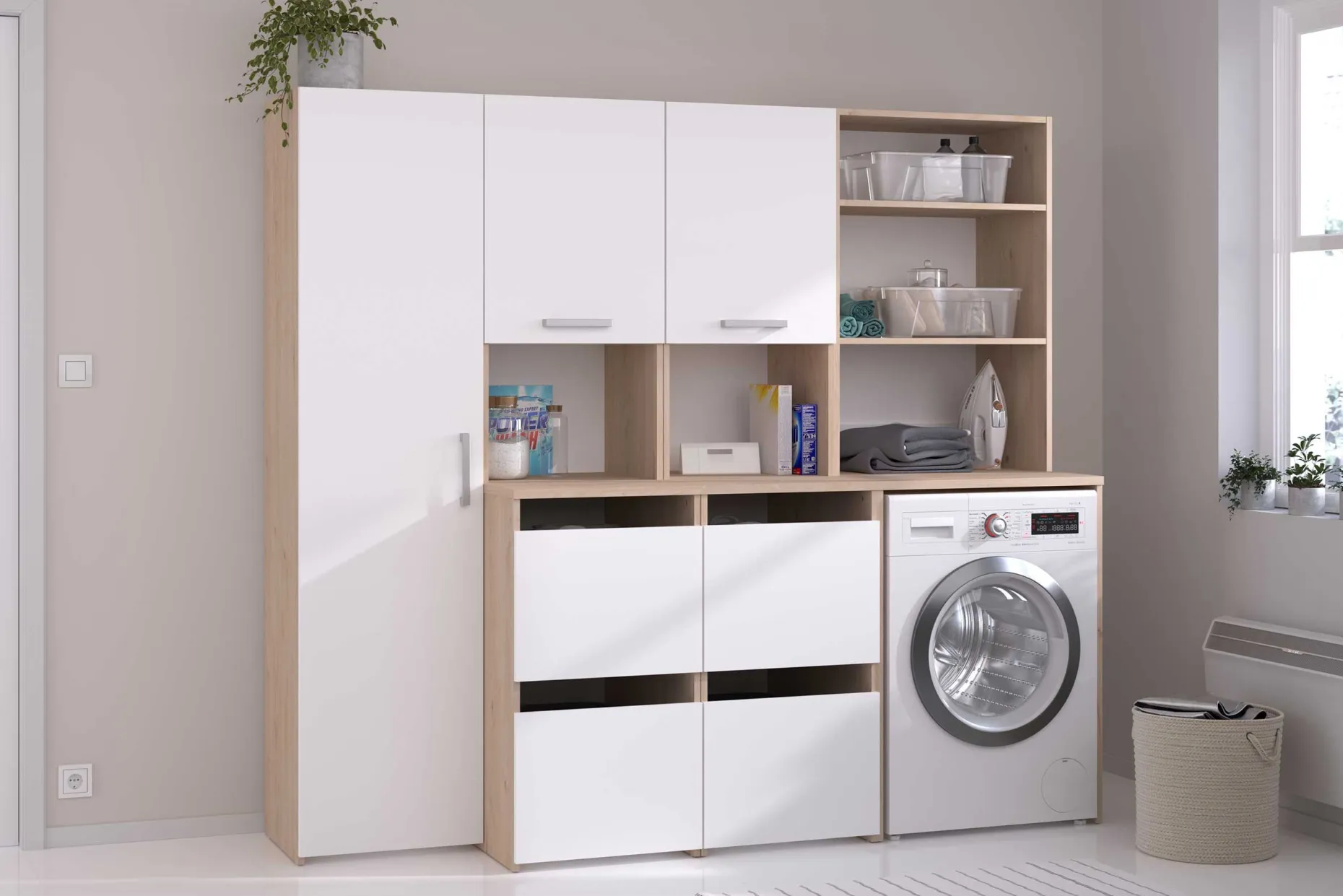 Laundry Waschmaschinenschrank - 65x60x184cm - mit 2 Einlegeböden - Eiche Dekor