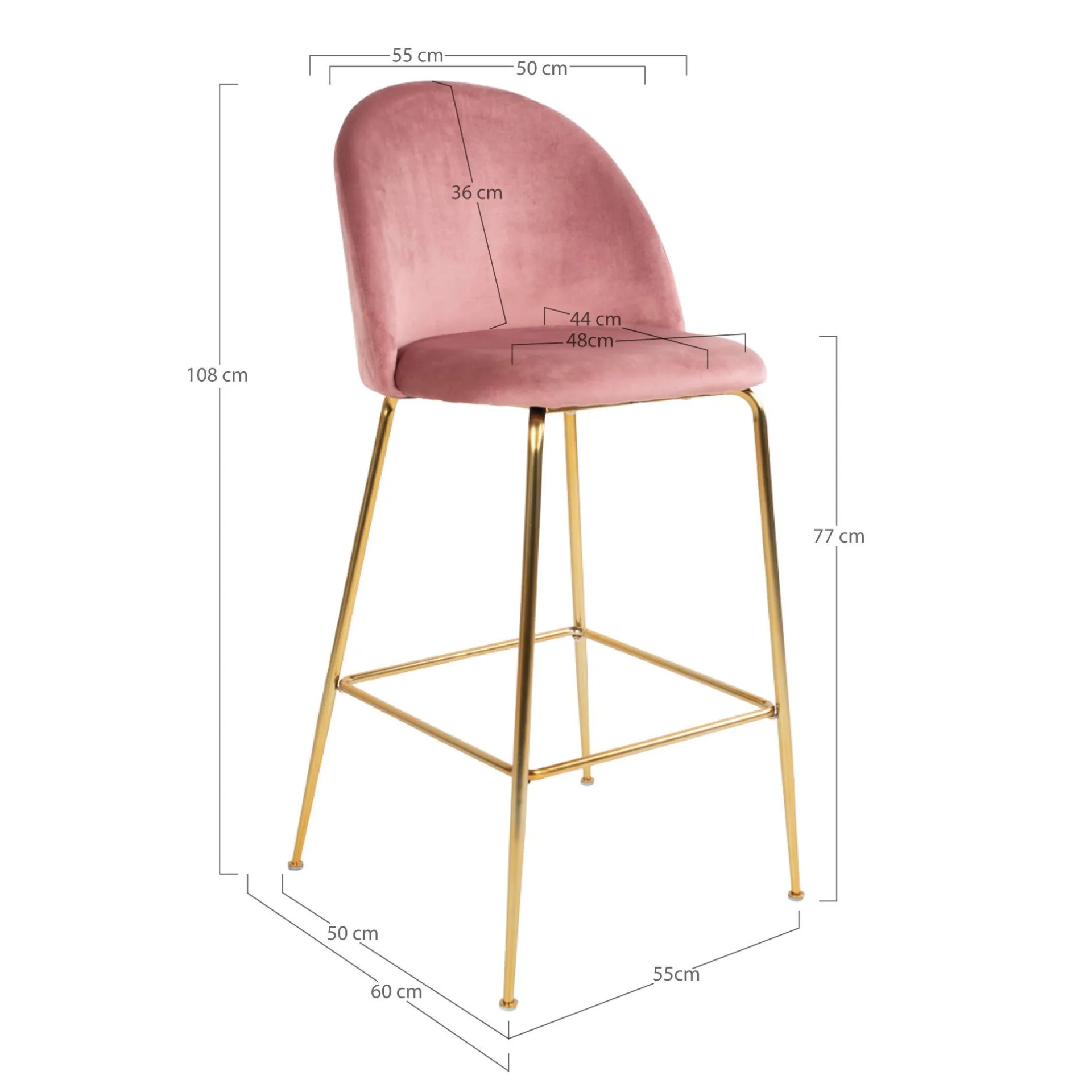 House Nordic Lausanner Barstuhl aus Samt mit Beinen in Messingoptik