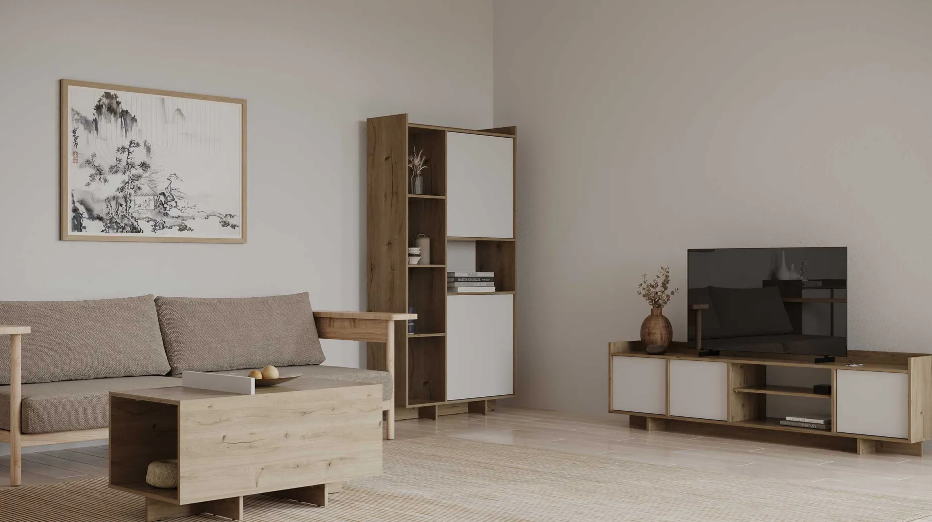 Leda Buffetschrank - 95x36x182cm - 2 Türen - weiß/Eiche Dekor