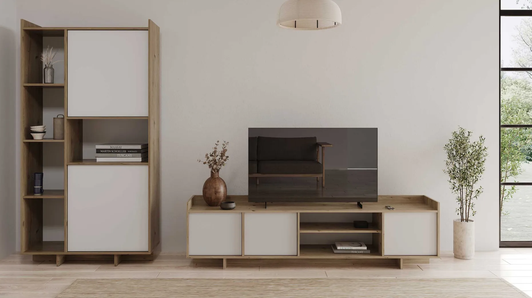 Leda Buffetschrank - 95x36x182cm - 2 Türen - weiß/Eiche Dekor