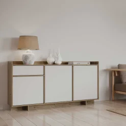 Leda Sideboard - 157x36x82cm - 3 Türen und 1 Schublade - weiß/Eiche Dekor