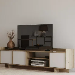 Leda TV-Schrank - 183x36x50cm - 3 Türen - weiß/Eiche Dekor