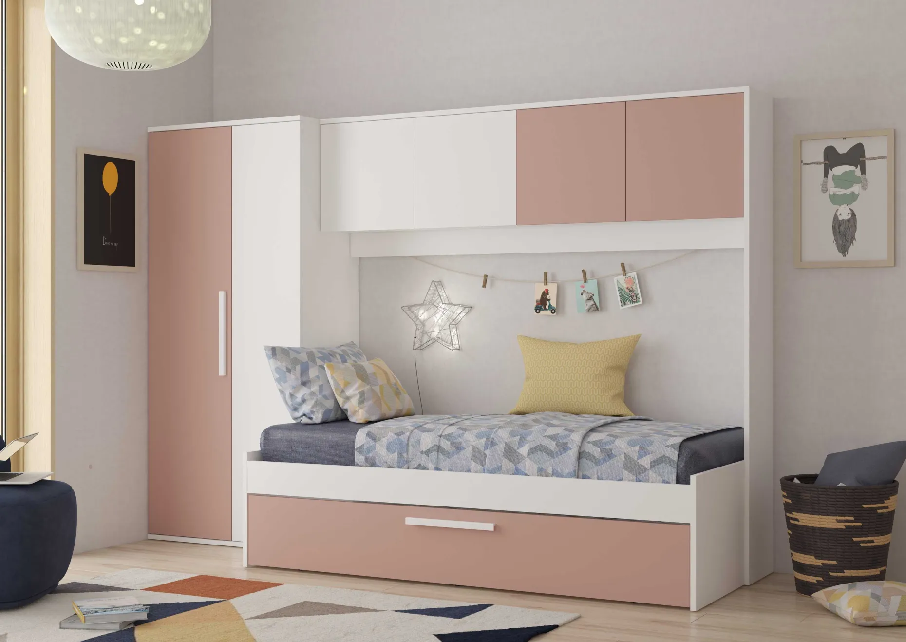 LevBett mit Bettbrücke und Bettkasten -rosa/weiß
