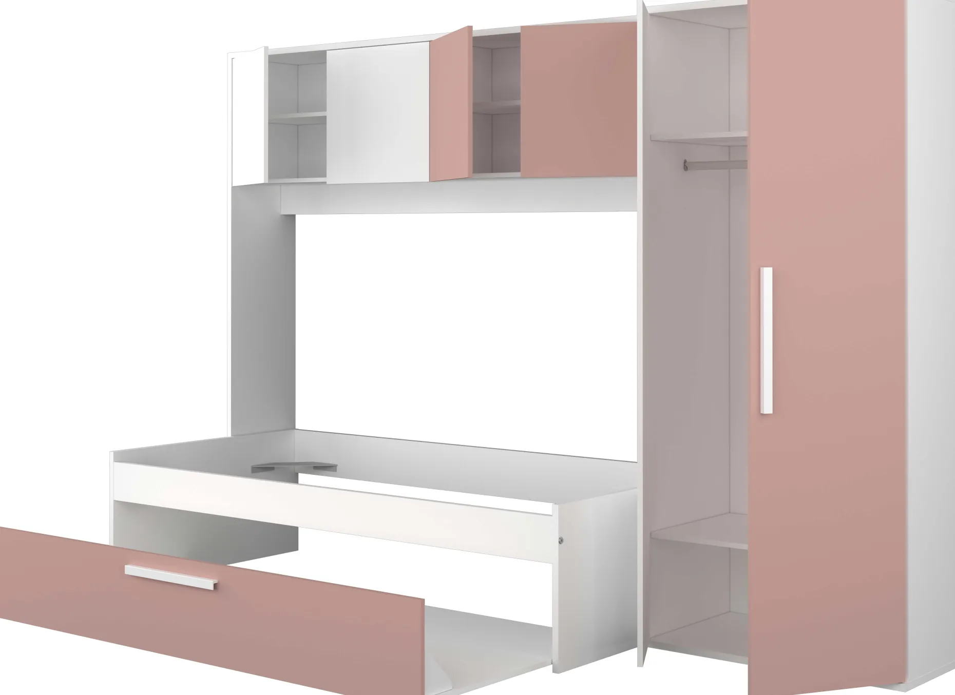 LevBett mit Bettbrücke und Bettkasten -rosa/weiß