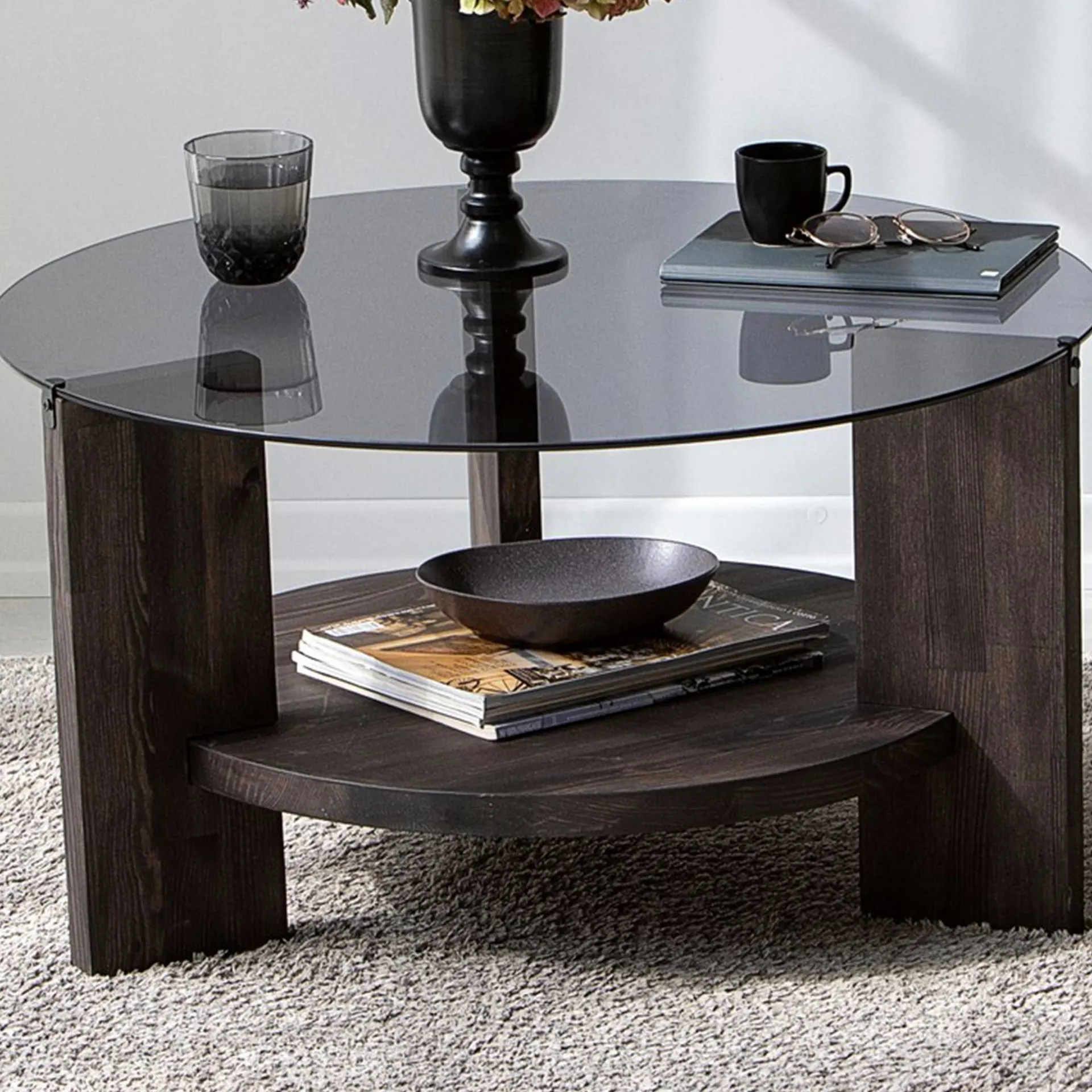 Emob Locelso Couchtisch | 100% gehärtetes Glas | Gestell aus Kiefernholz | Dunkelbraun