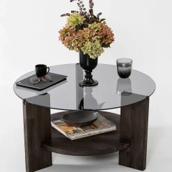 Emob Locelso Couchtisch | 100% gehärtetes Glas | Gestell aus Kiefernholz | Dunkelbraun