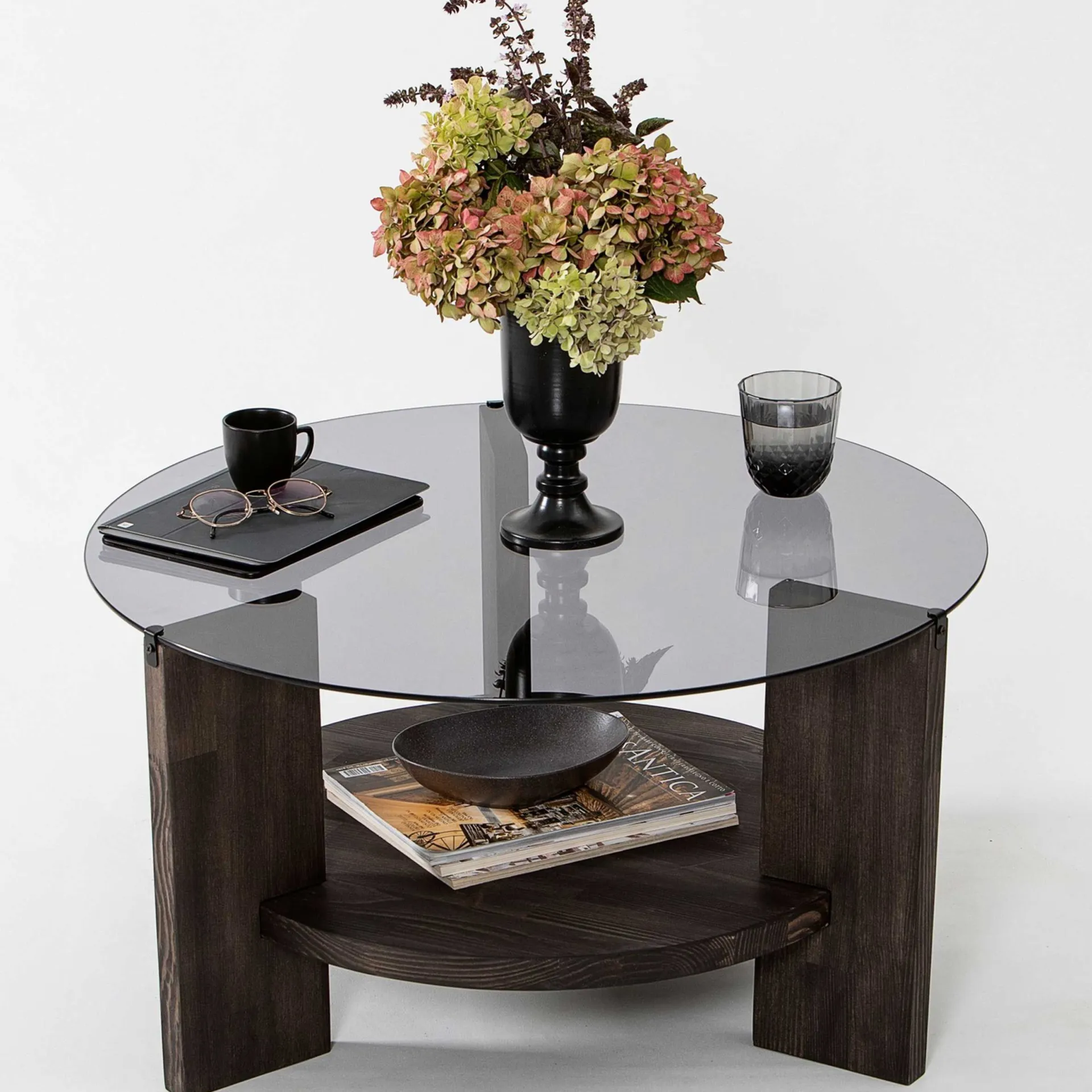 Emob Locelso Couchtisch | 100% gehärtetes Glas | Gestell aus Kiefernholz | Dunkelbraun