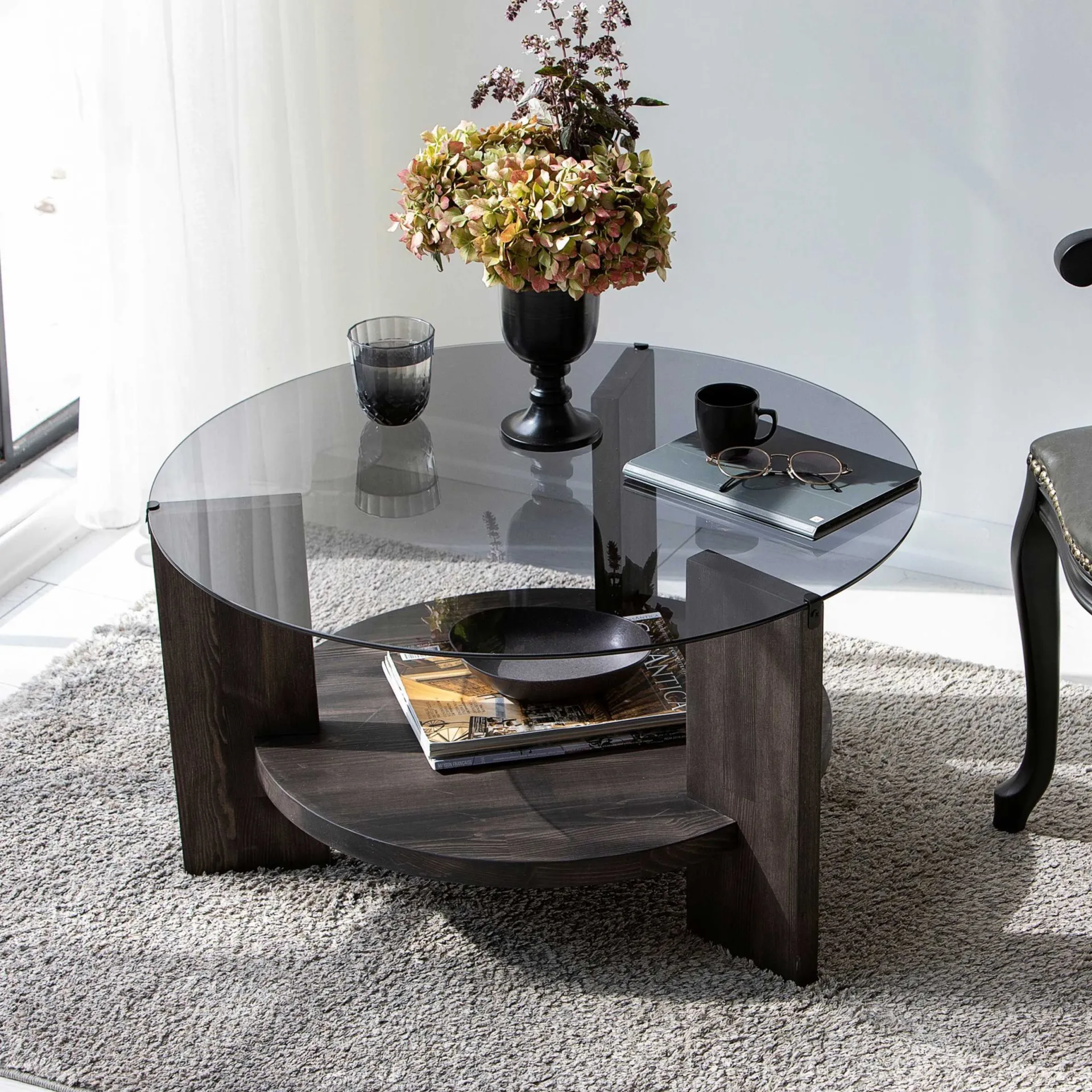 Emob Locelso Couchtisch | 100% gehärtetes Glas | Gestell aus Kiefernholz | Dunkelbraun