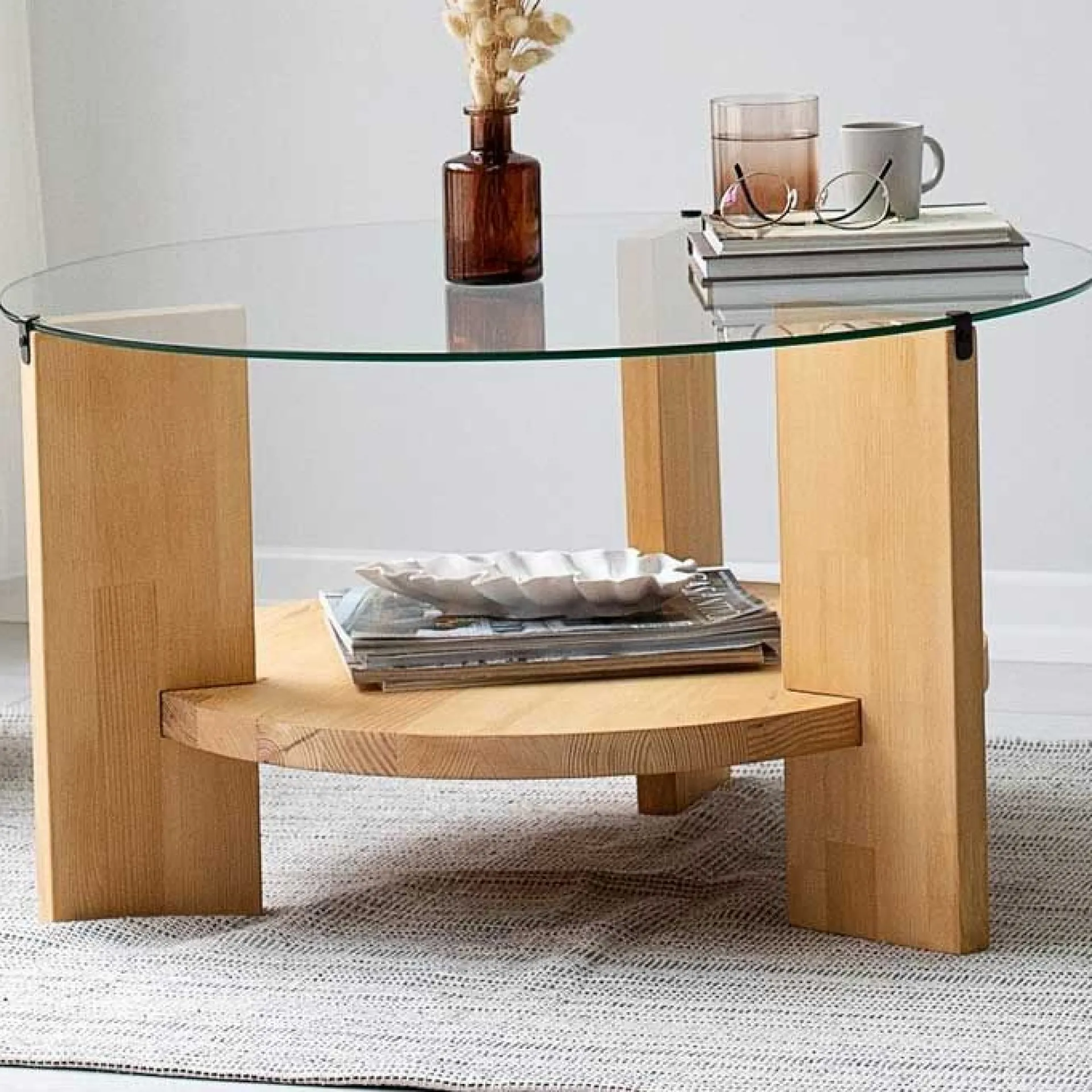 Emob Locelso Couchtisch | 100% gehärtetes Glas | Gestell aus massiver Kiefer | Farbe Eiche