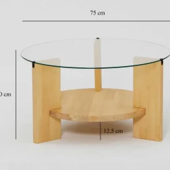 Emob Locelso Couchtisch | 100% gehärtetes Glas | Gestell aus massiver Kiefer | Farbe Eiche