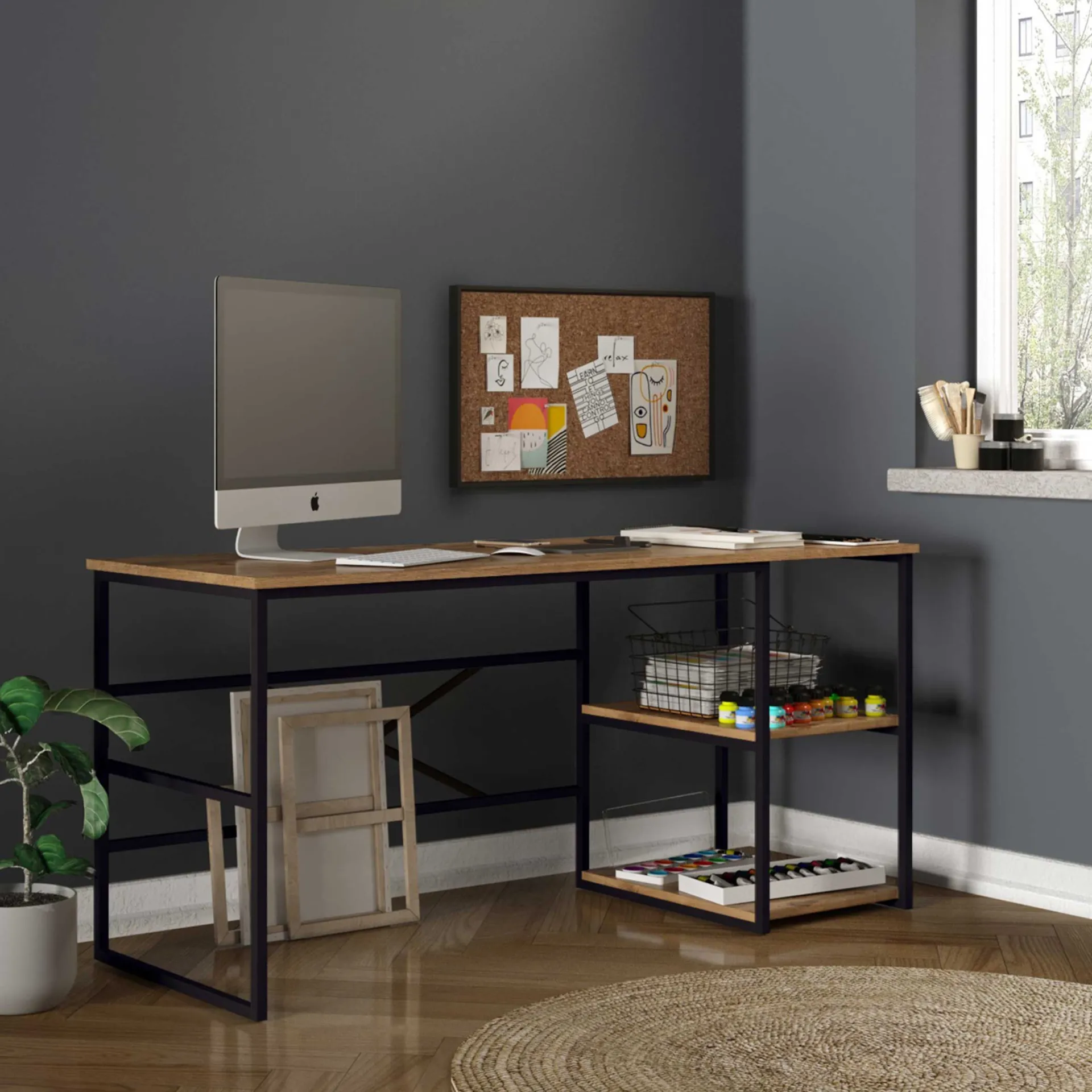 Emob Locelso Schreibtisch | 100% Melamin | 18mm Stärke | Metallgestell | Atlantische Kiefer