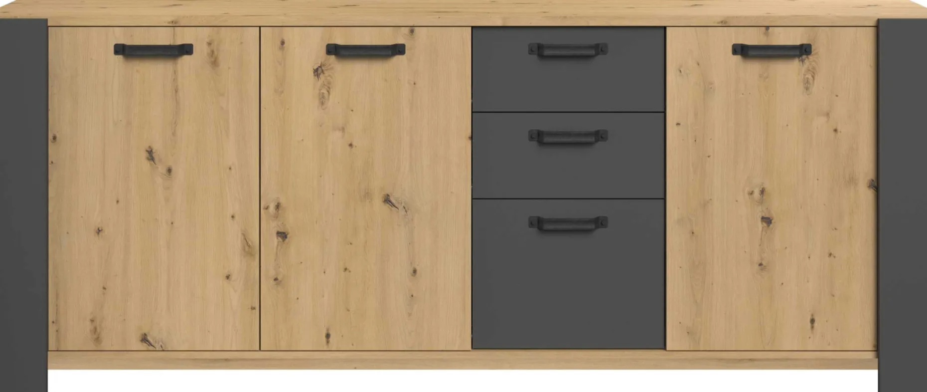 London Kommode-220cm-3 Flügeltüren, 3 Schubladen, 2 Einlegeböden - Eiche/dunkelgrau