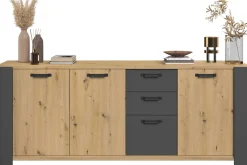 London Kommode-220cm-3 Flügeltüren, 3 Schubladen, 2 Einlegeböden - Eiche/dunkelgrau