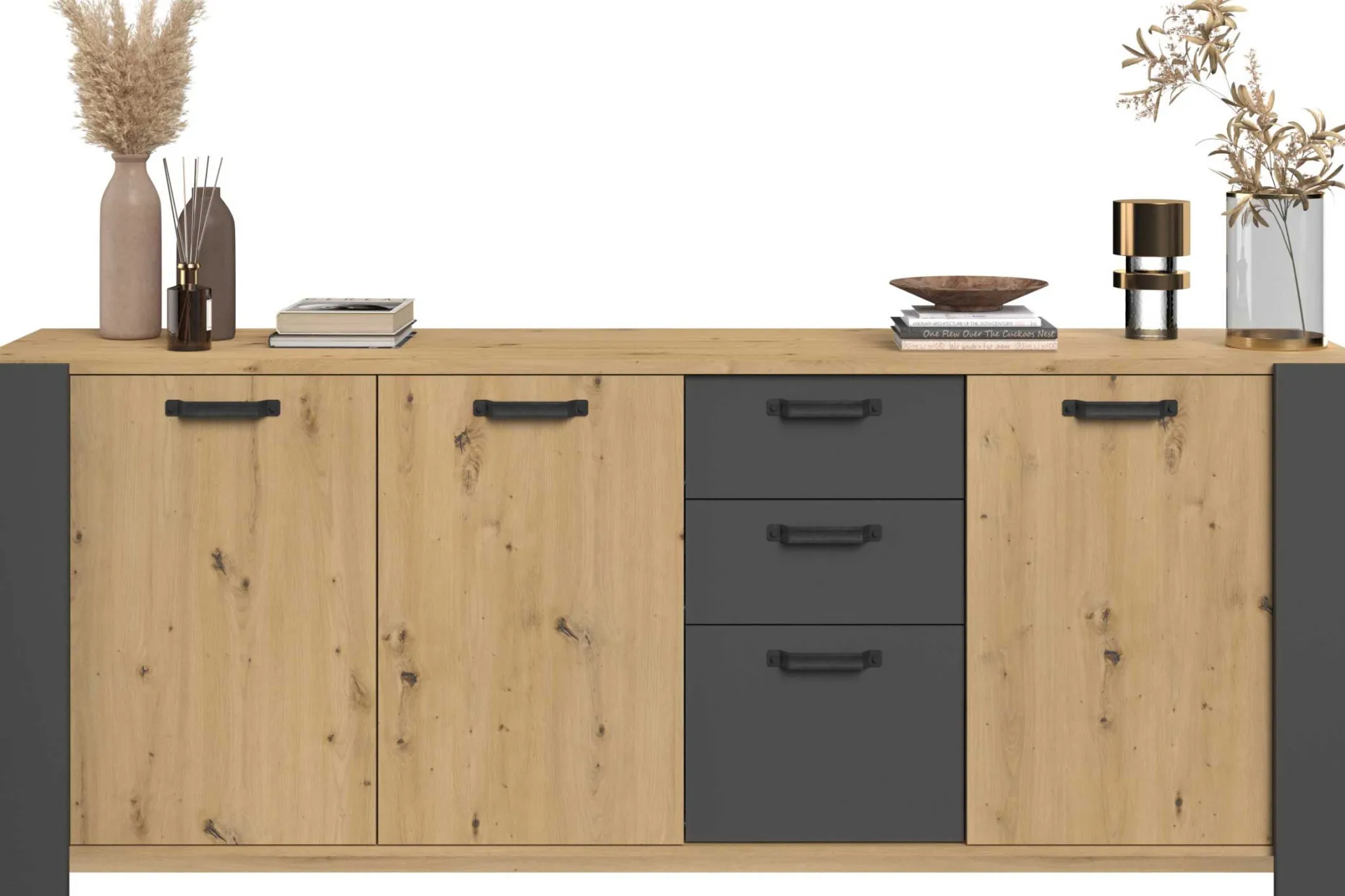 London Kommode-220cm-3 Flügeltüren, 3 Schubladen, 2 Einlegeböden - Eiche/dunkelgrau