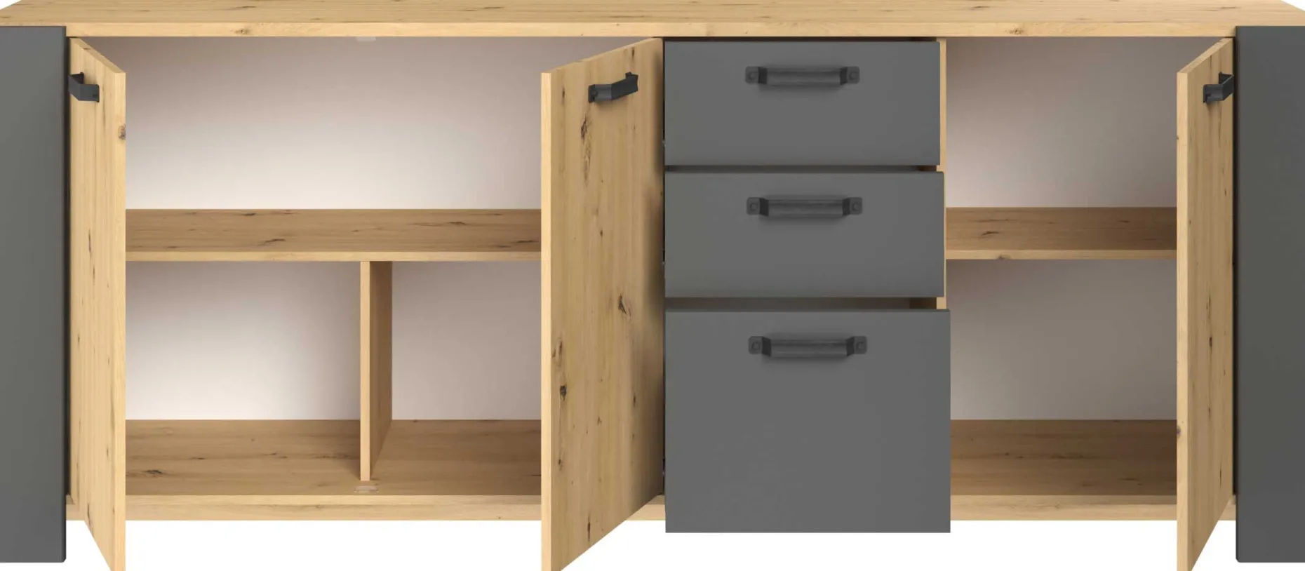 London Kommode-220cm-3 Flügeltüren, 3 Schubladen, 2 Einlegeböden - Eiche/dunkelgrau