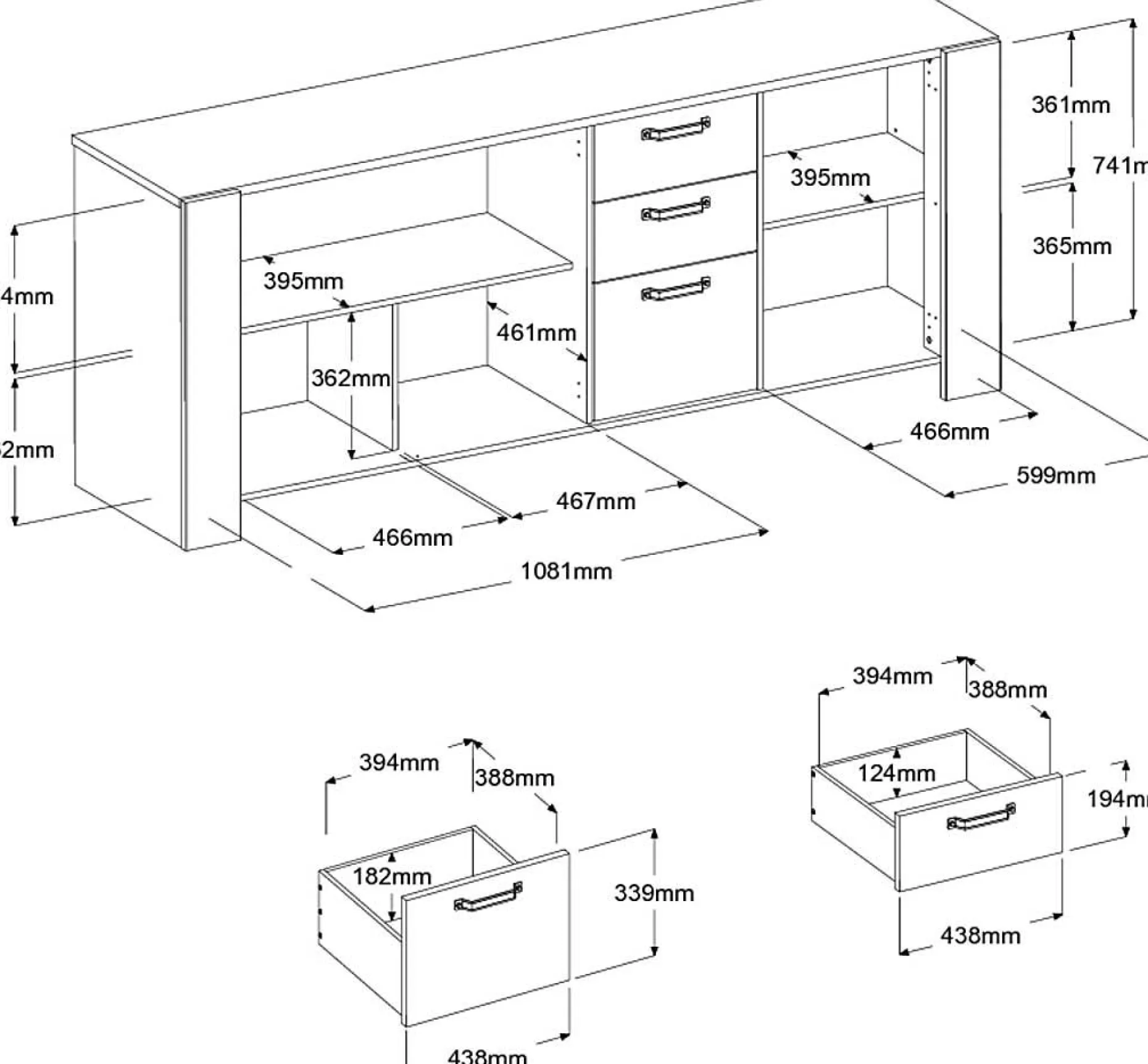 London Kommode-220cm-3 Flügeltüren, 3 Schubladen, 2 Einlegeböden - Eiche/dunkelgrau