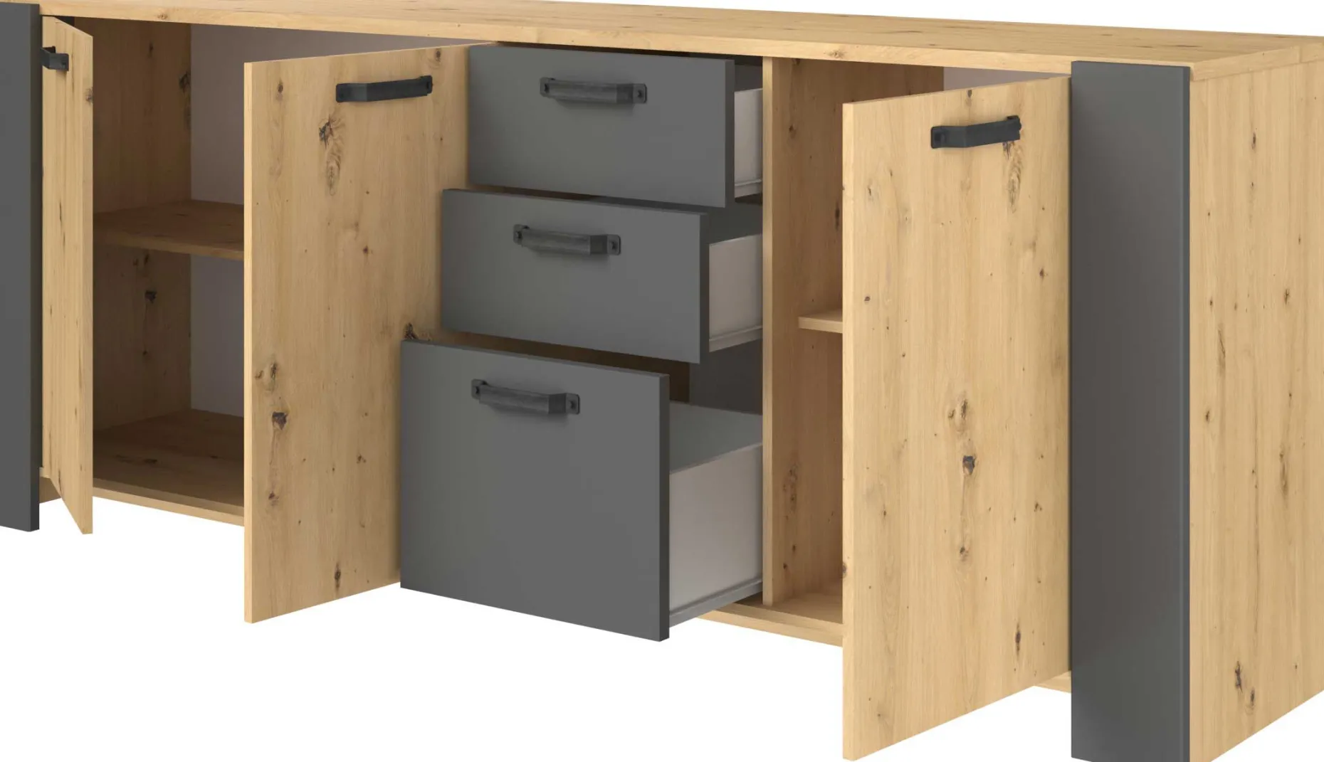London Kommode-220cm-3 Flügeltüren, 3 Schubladen, 2 Einlegeböden - Eiche/dunkelgrau