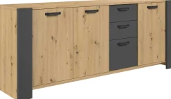 London Kommode-220cm-3 Flügeltüren, 3 Schubladen, 2 Einlegeböden - Eiche/dunkelgrau