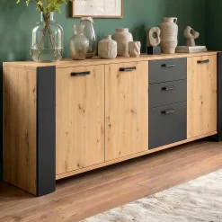 London Kommode-220cm-3 Flügeltüren, 3 Schubladen, 2 Einlegeböden - Eiche/dunkelgrau