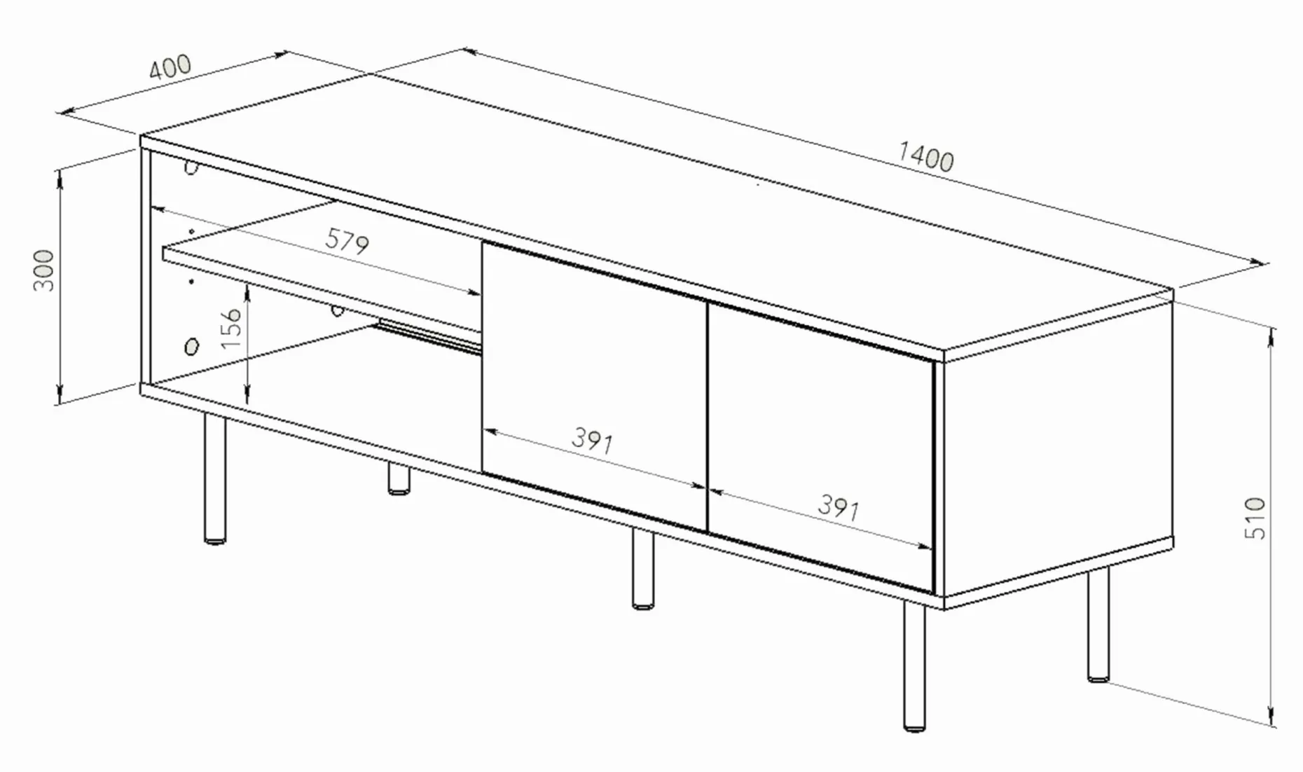 Loreen TV-Schrank 2 Flügeltüren und 2 offene Fächer - Eiche hell/schwarz