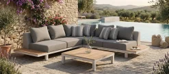 Gescova Lounge-Set Hawaii Zweisitziges Sofa Eckelement Couchtisch - Aluminium Teakholz - Grau Weiß