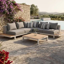 Gescova Lounge-Set Hawaii Zweisitziges Sofa Eckelement Couchtisch - Aluminium Teakholz - Grau Weiß