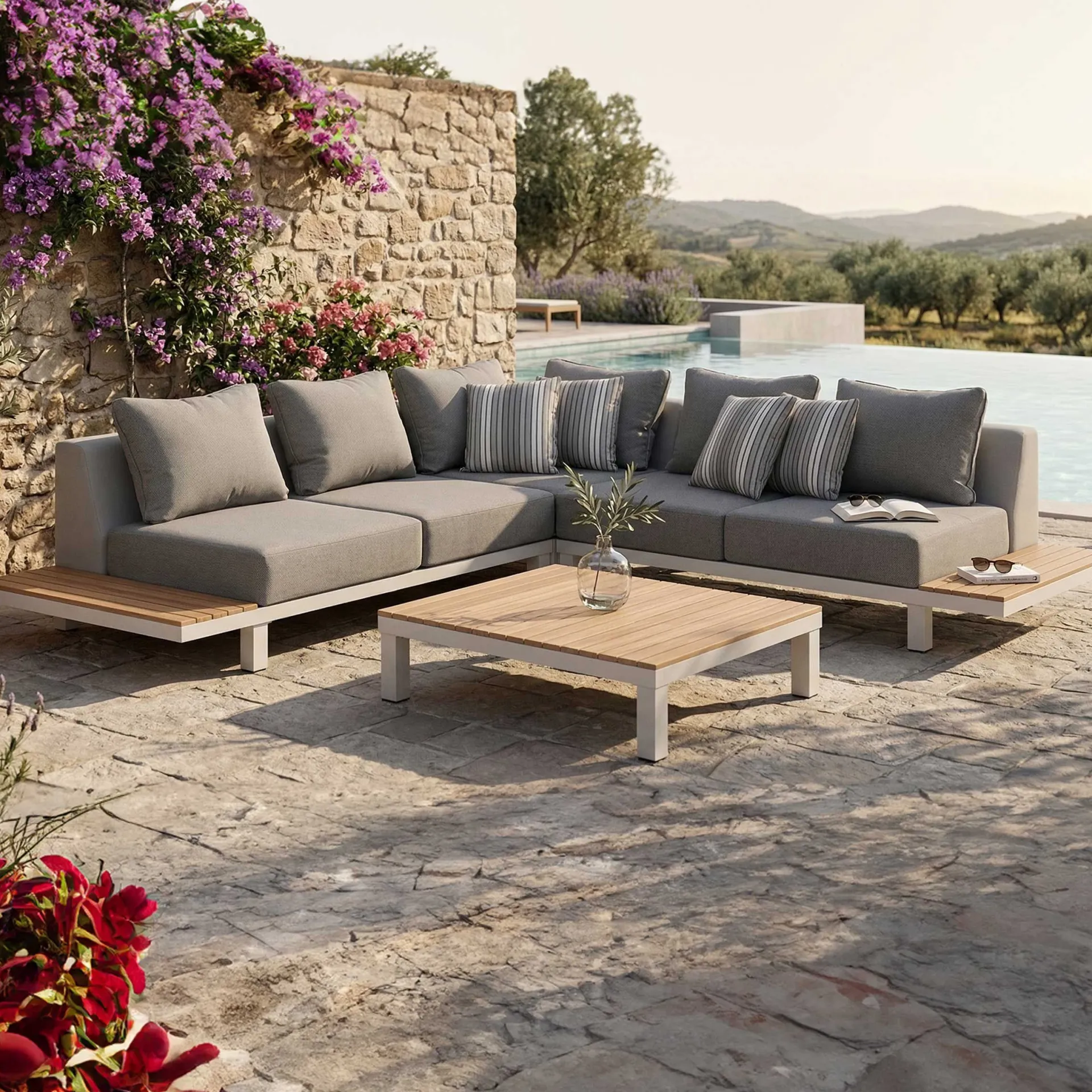 Gescova Lounge-Set Hawaii Zweisitziges Sofa Eckelement Couchtisch - Aluminium Teakholz - Grau Weiß